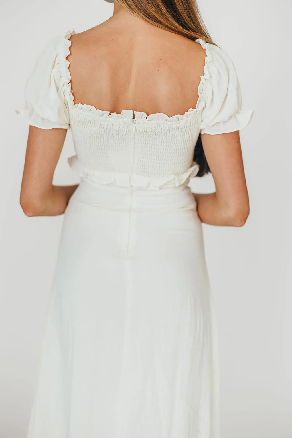 Penny Puff Sleeve Ruffle Midi Dress in Cream