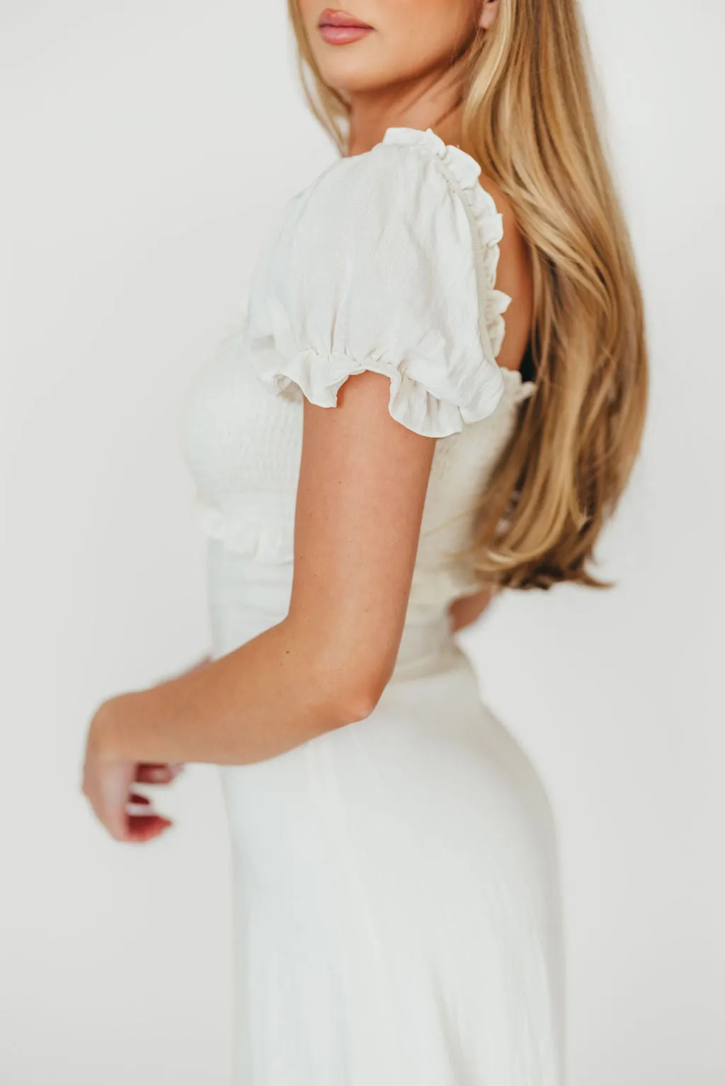 Penny Puff Sleeve Ruffle Midi Dress in Cream