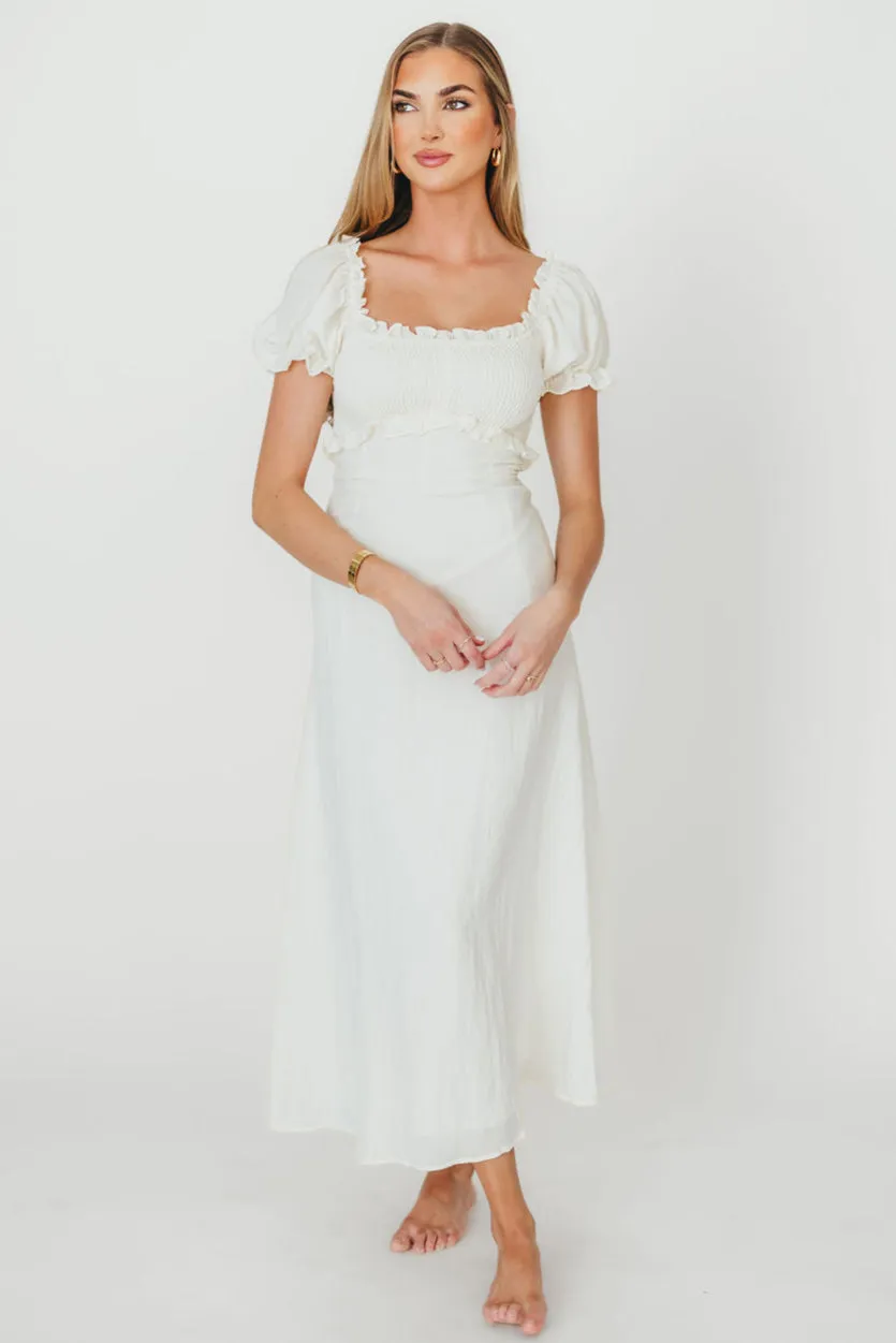 Penny Puff Sleeve Ruffle Midi Dress in Cream