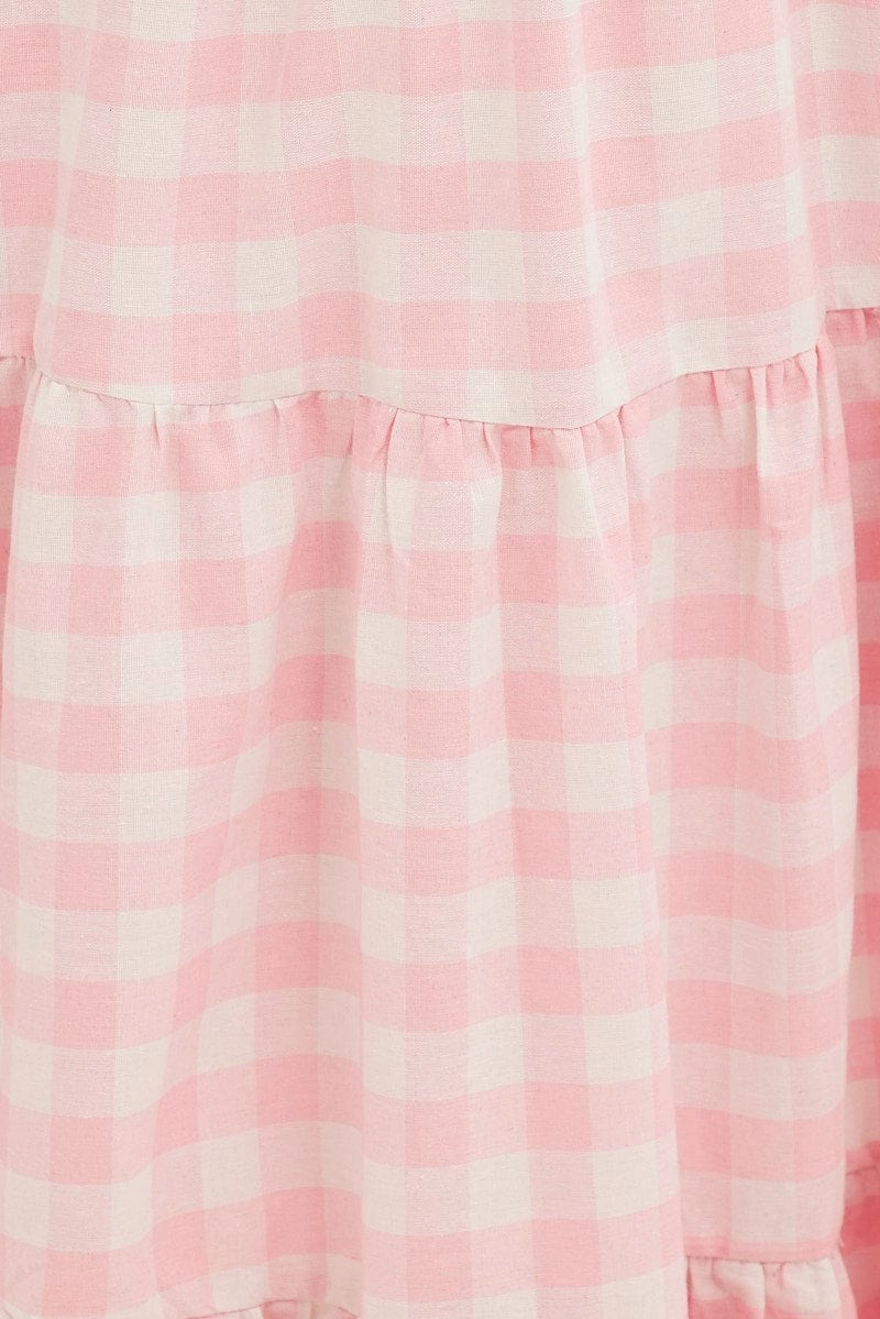 Pink Check Midi Dress One Shoulder Shirred Body
