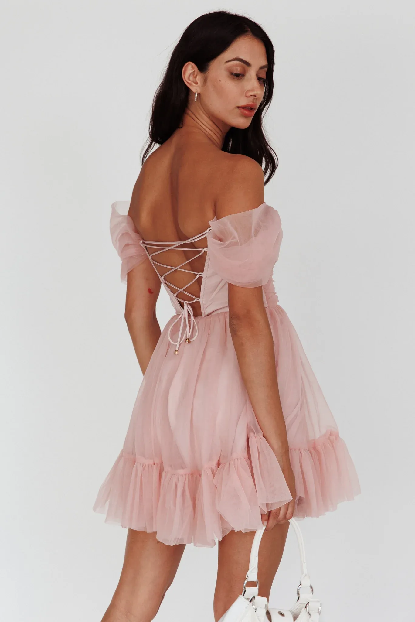Pixi Off-Shoulder Lace-Up Back Back Dress Pink