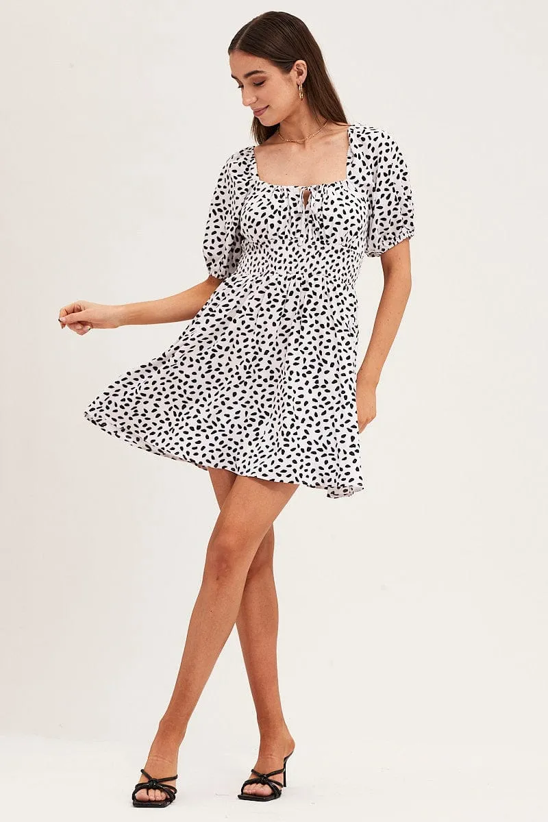 Print Puff Sleeve Skater Dress