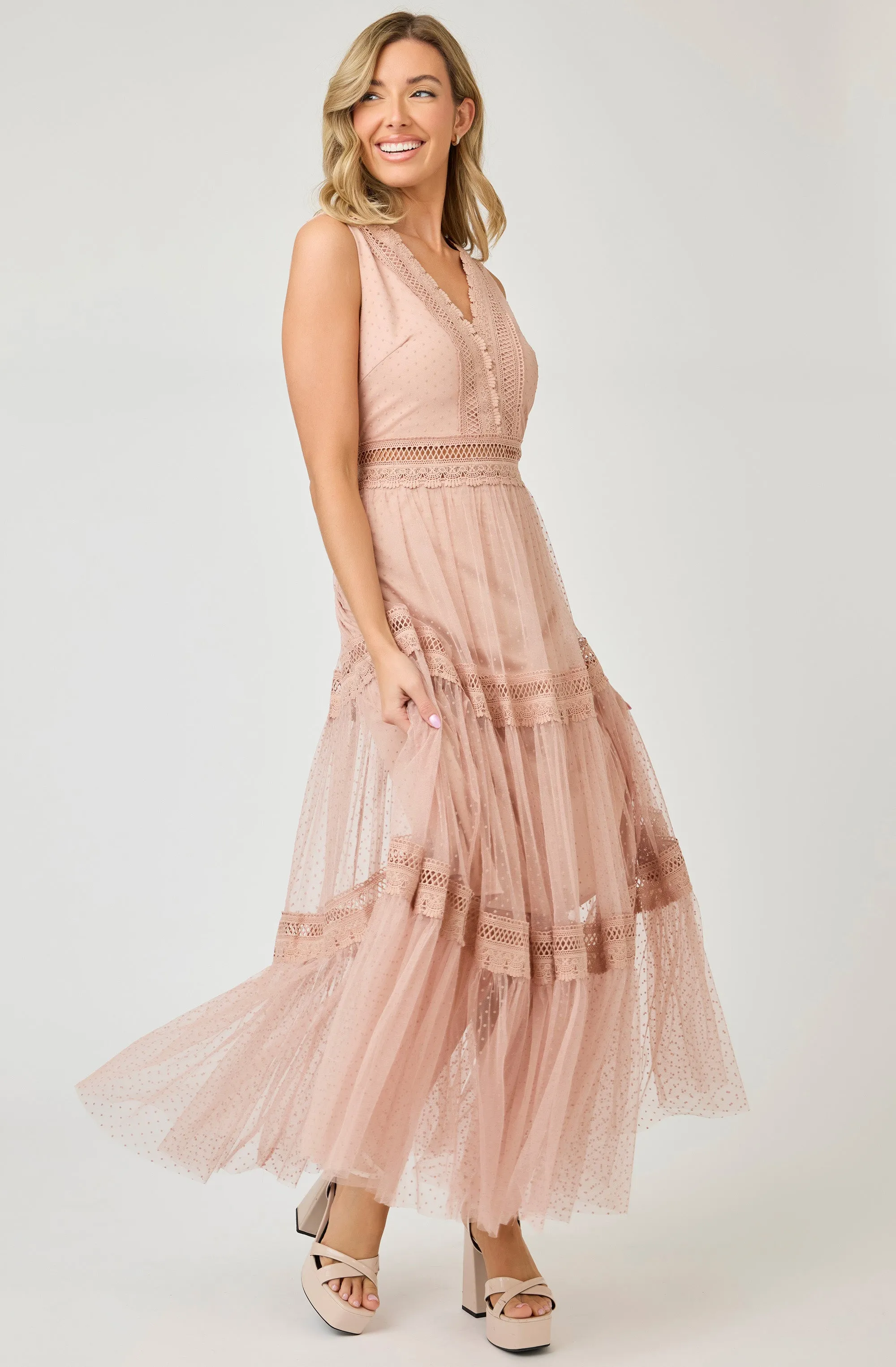 Printed Dot Midi Dress witth Lace Embroidery