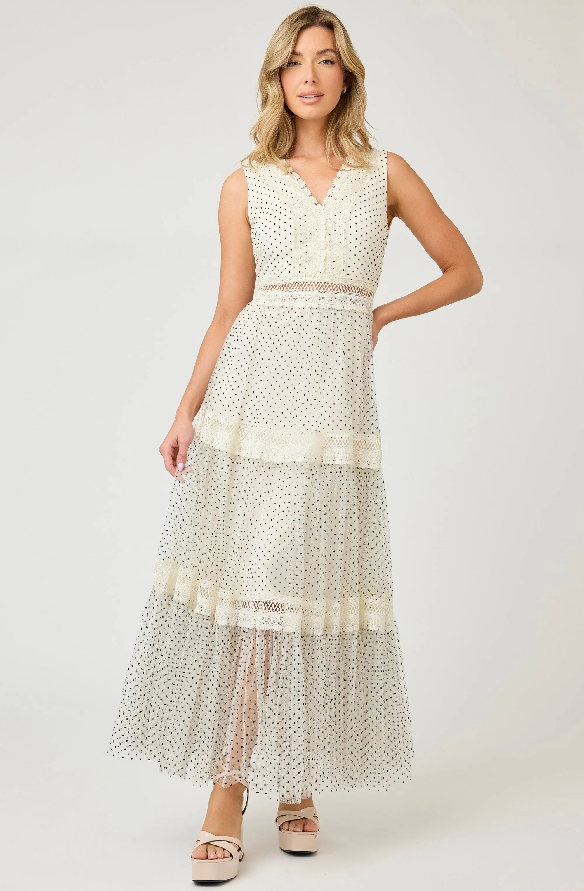 Printed Dot Midi Dress witth Lace Embroidery