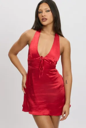 Red Halter Neck Dress Mini Satin