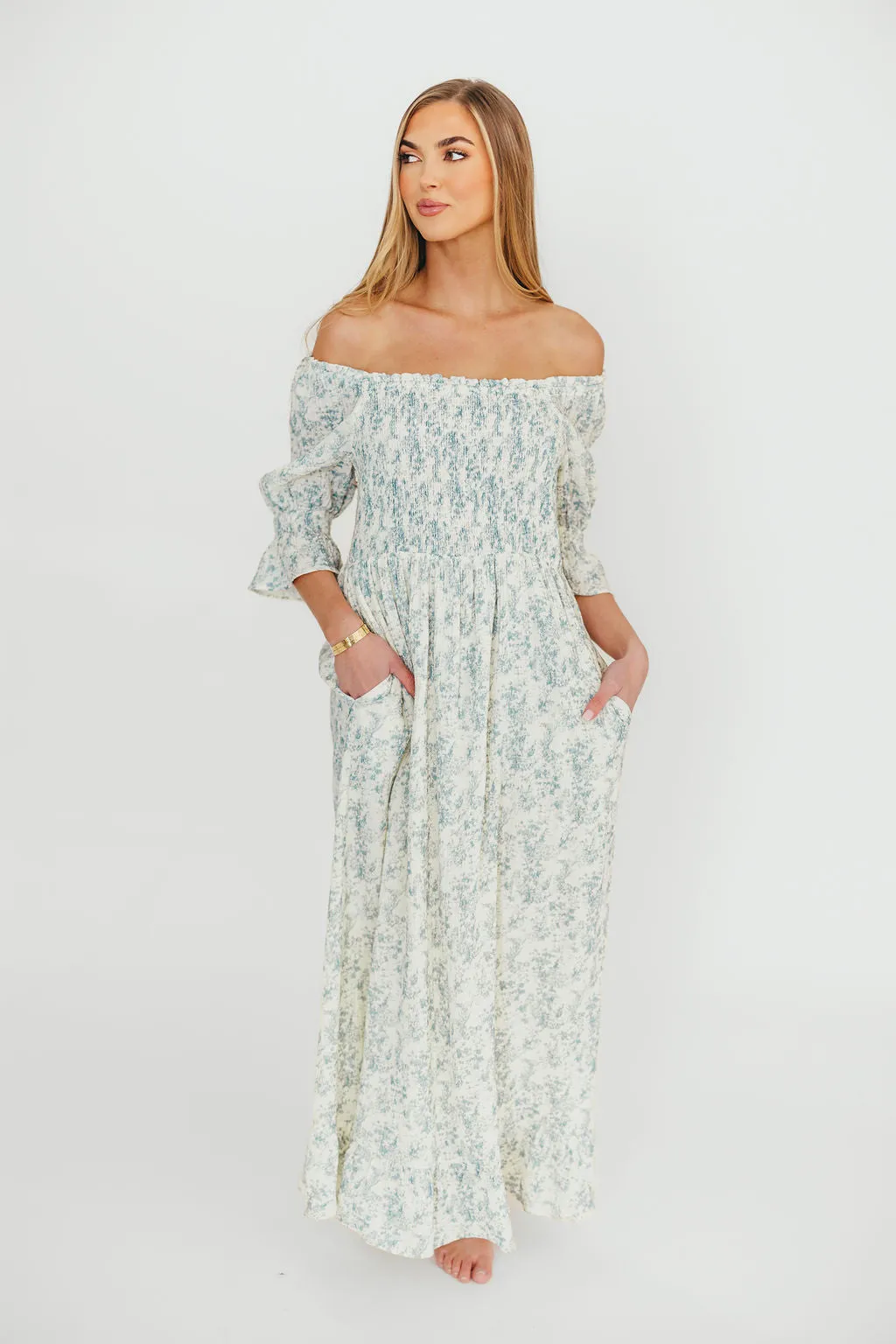 Sienna 100% Cotton Puff Sleeve Maxi Dress in Blue Floral - Bump Friendly