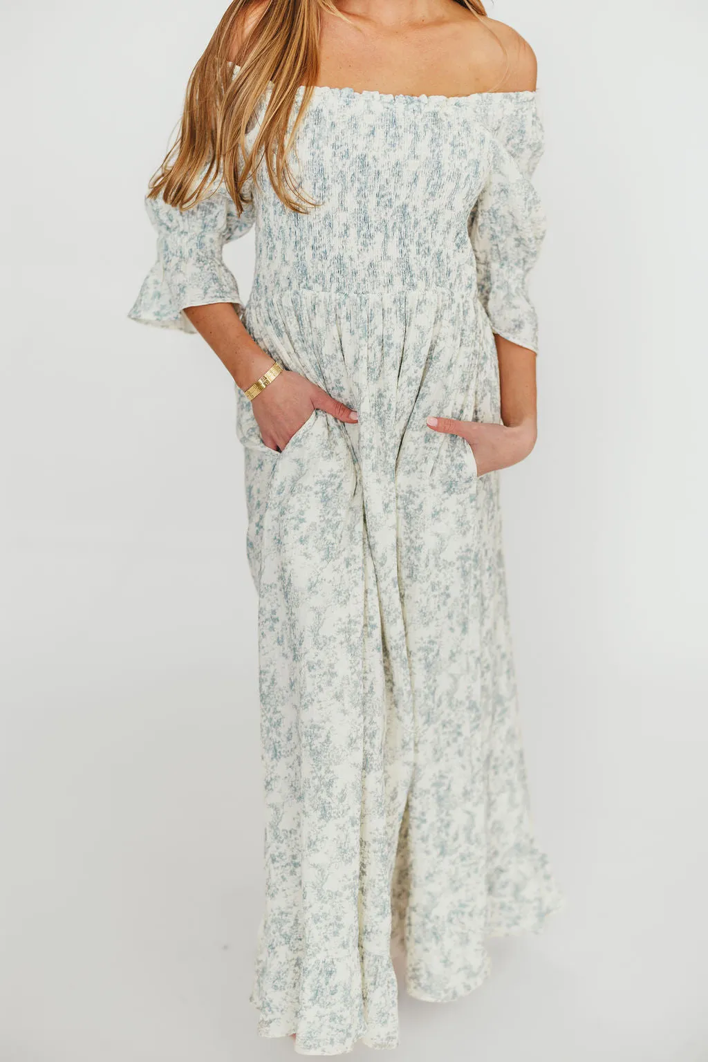 Sienna 100% Cotton Puff Sleeve Maxi Dress in Blue Floral - Bump Friendly