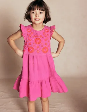 Tiered Doublecloth Dress-Sorbet Pink Embroidered