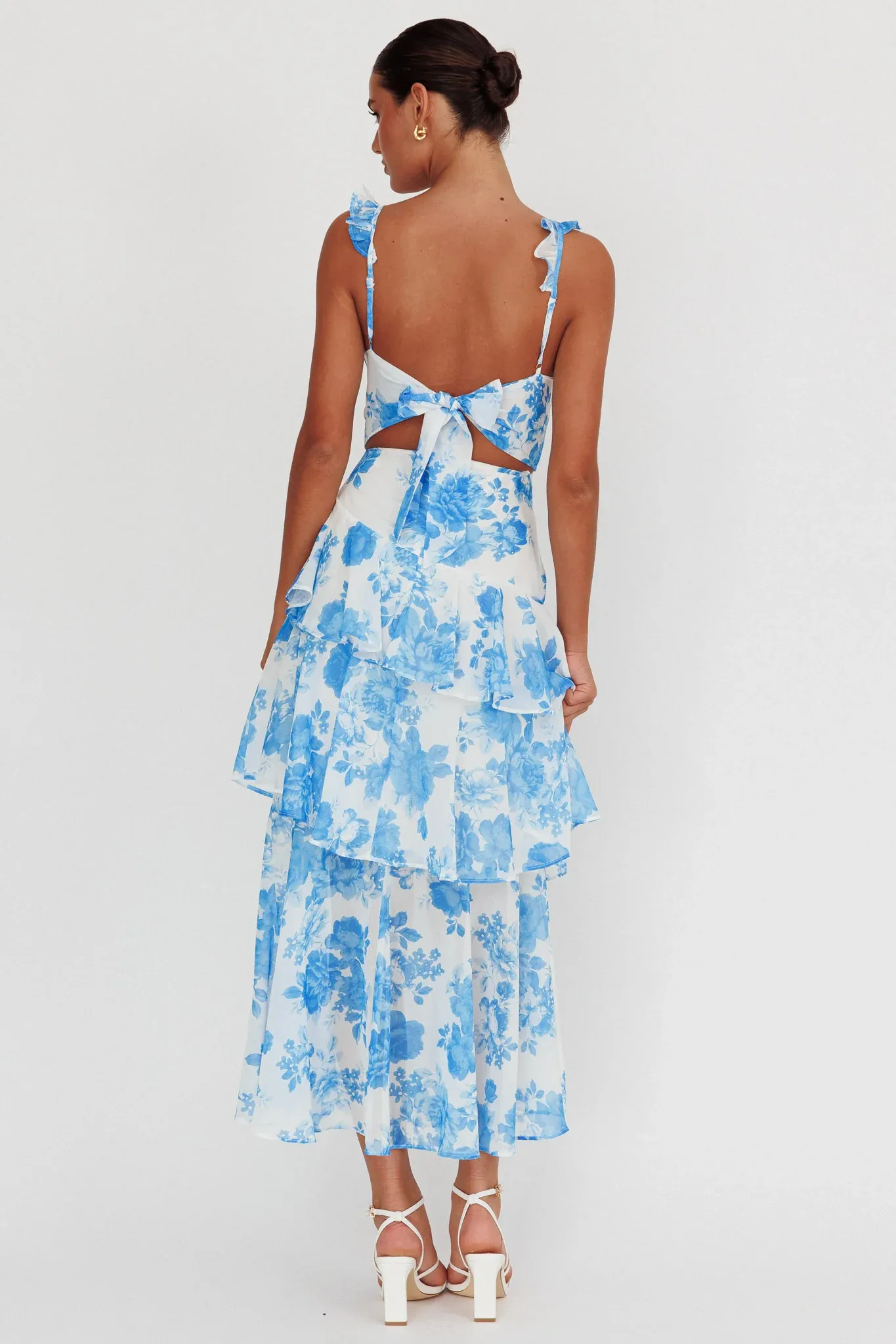 Veda Ruffle Strap Split Maxi Dress Floral White/Blue