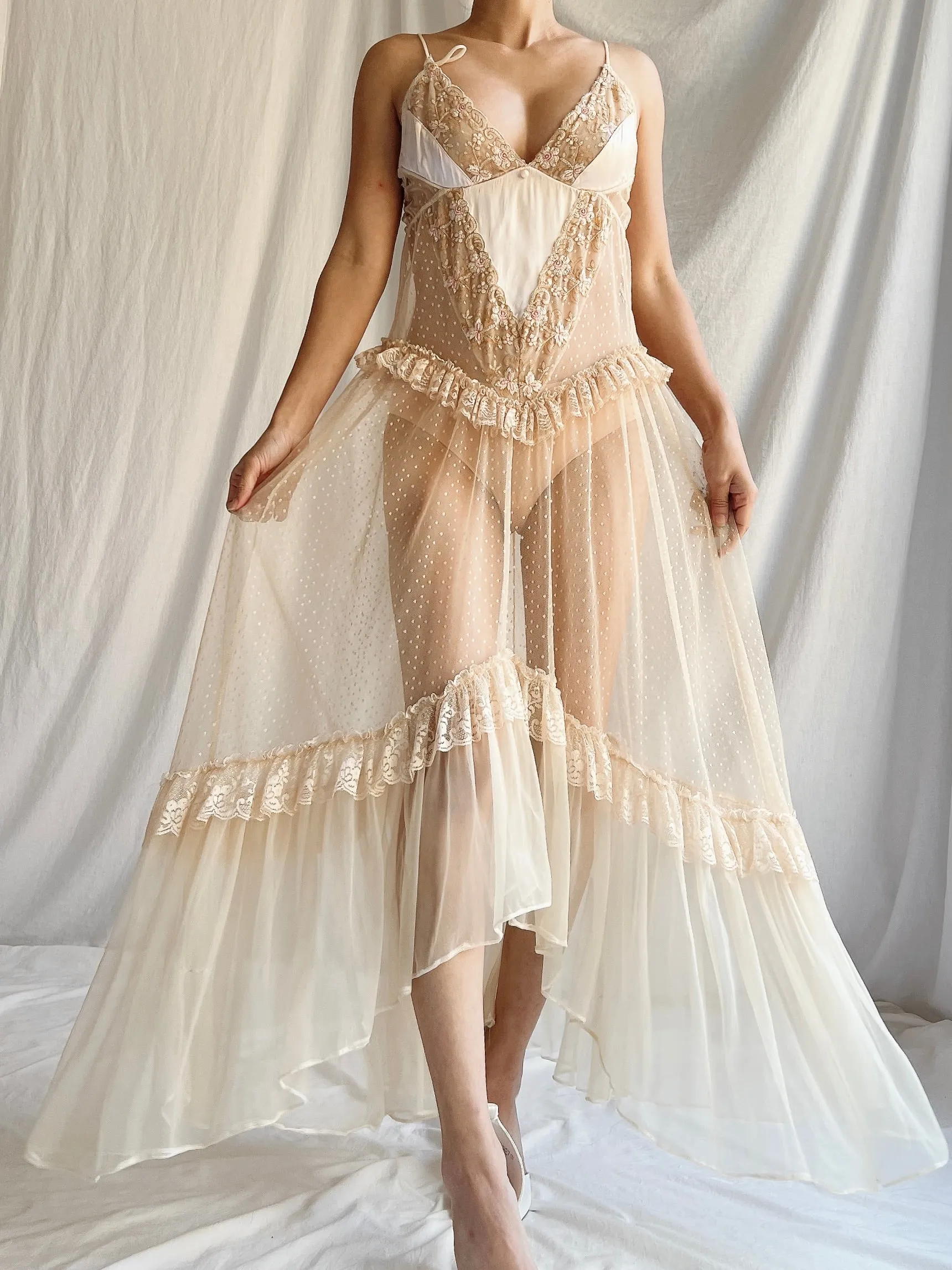 Vintage Ecru Sheer Slip - S/M