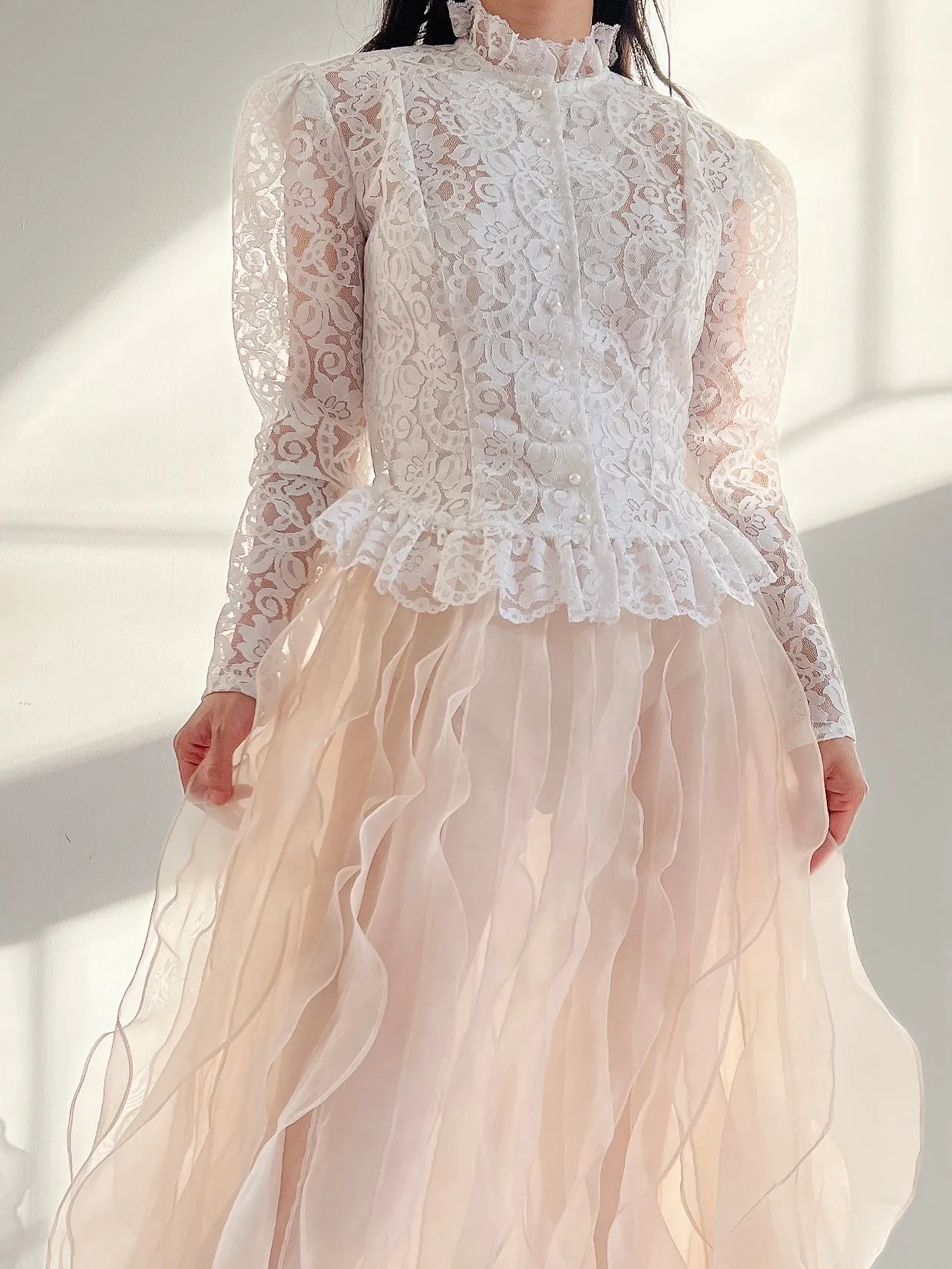 Vintage Mutton Sleeve Lace Top - S