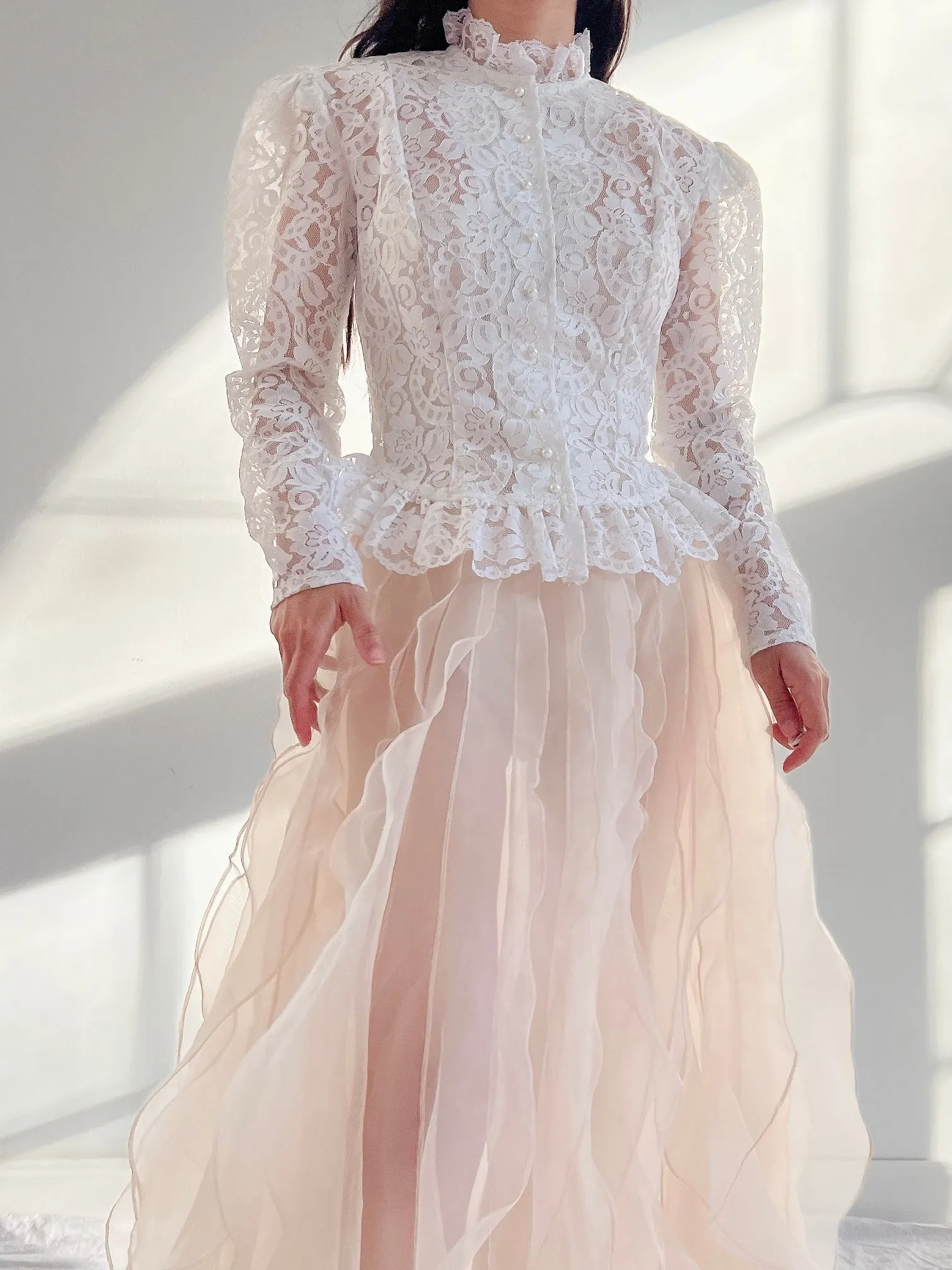 Vintage Mutton Sleeve Lace Top - S