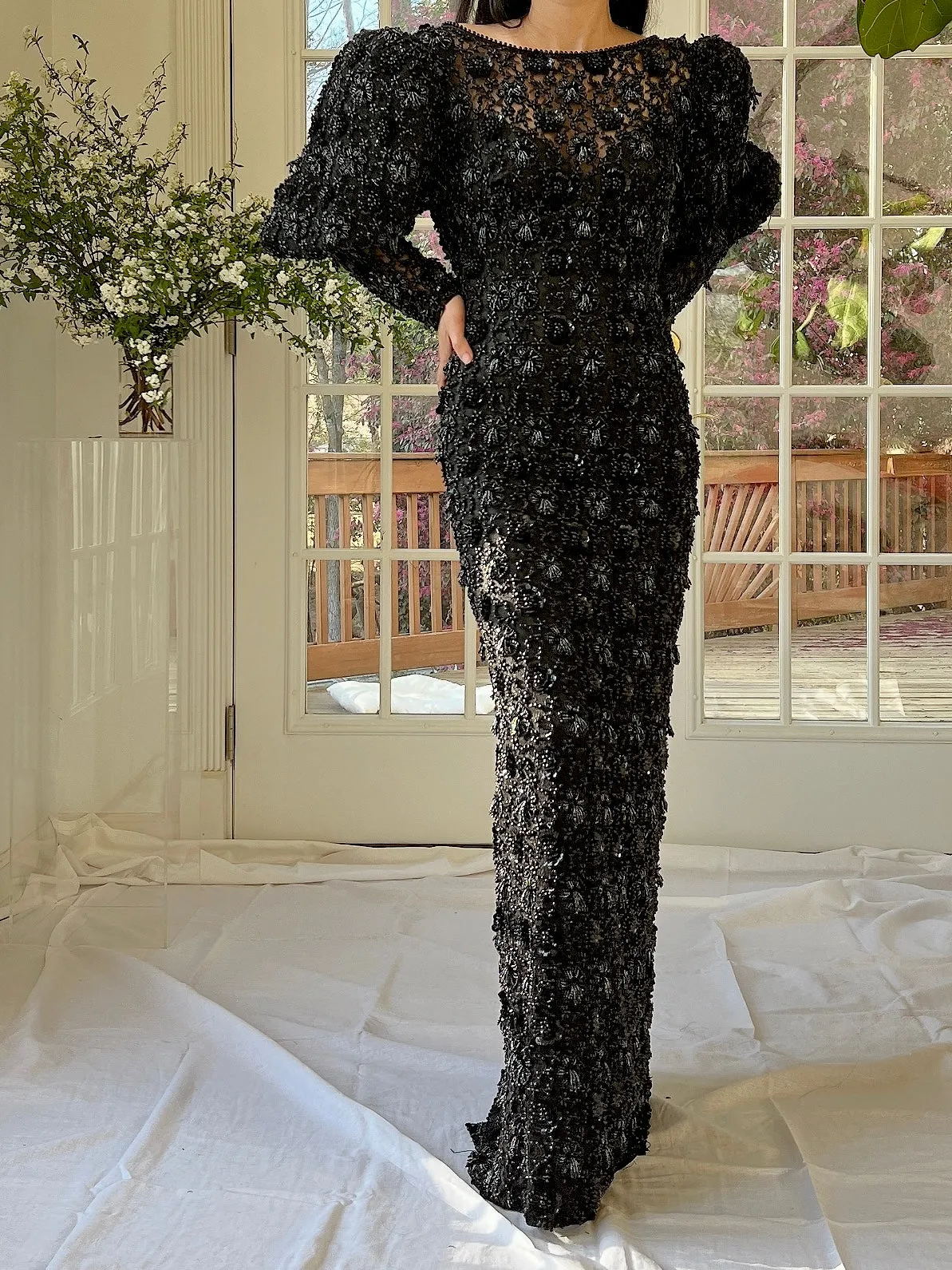 Vintage Puff Sleeves Beaded Gown - S/M