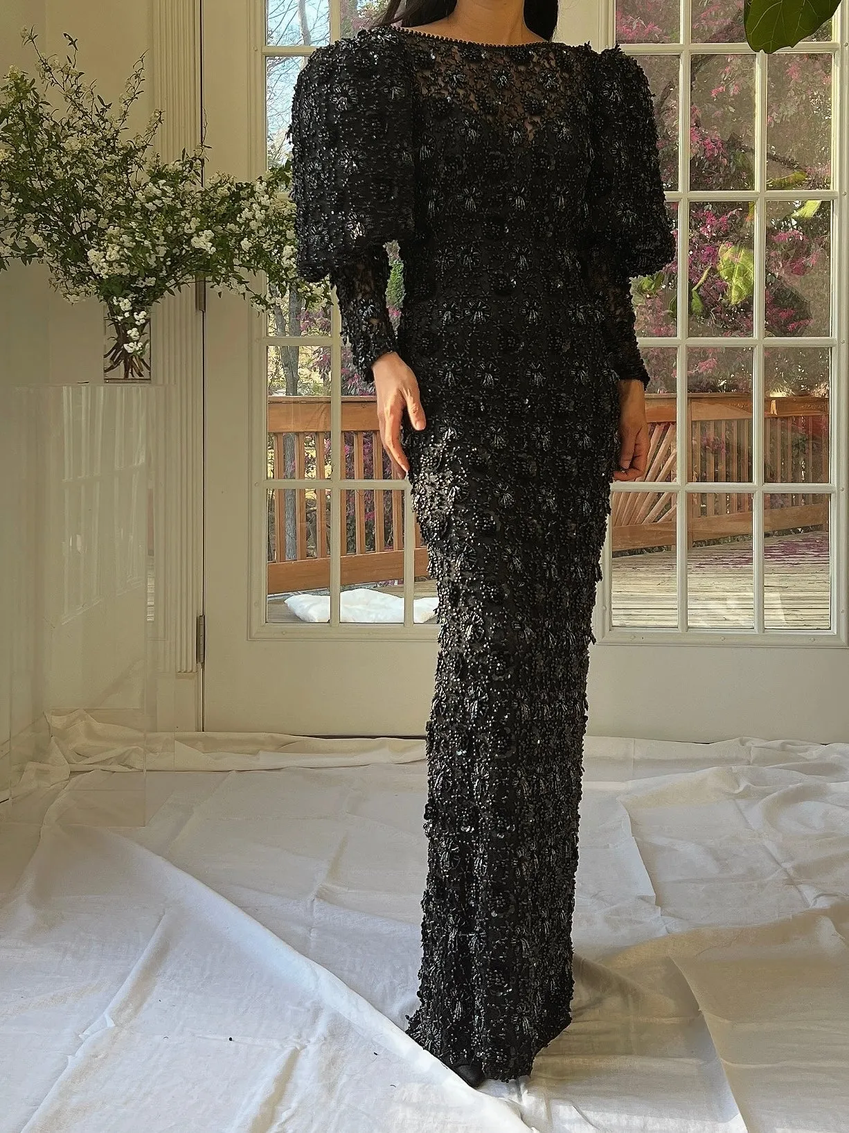 Vintage Puff Sleeves Beaded Gown - S/M