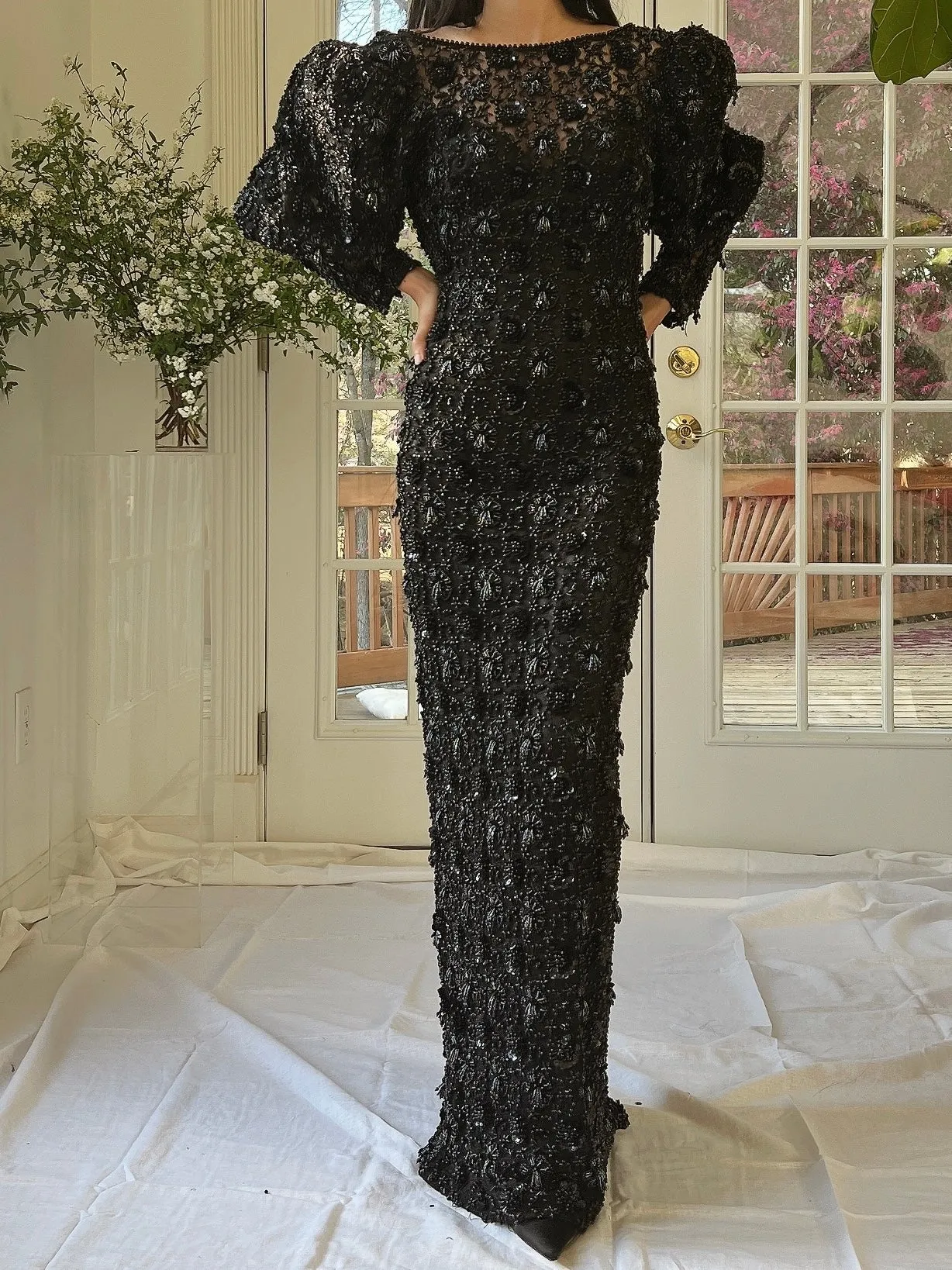 Vintage Puff Sleeves Beaded Gown - S/M