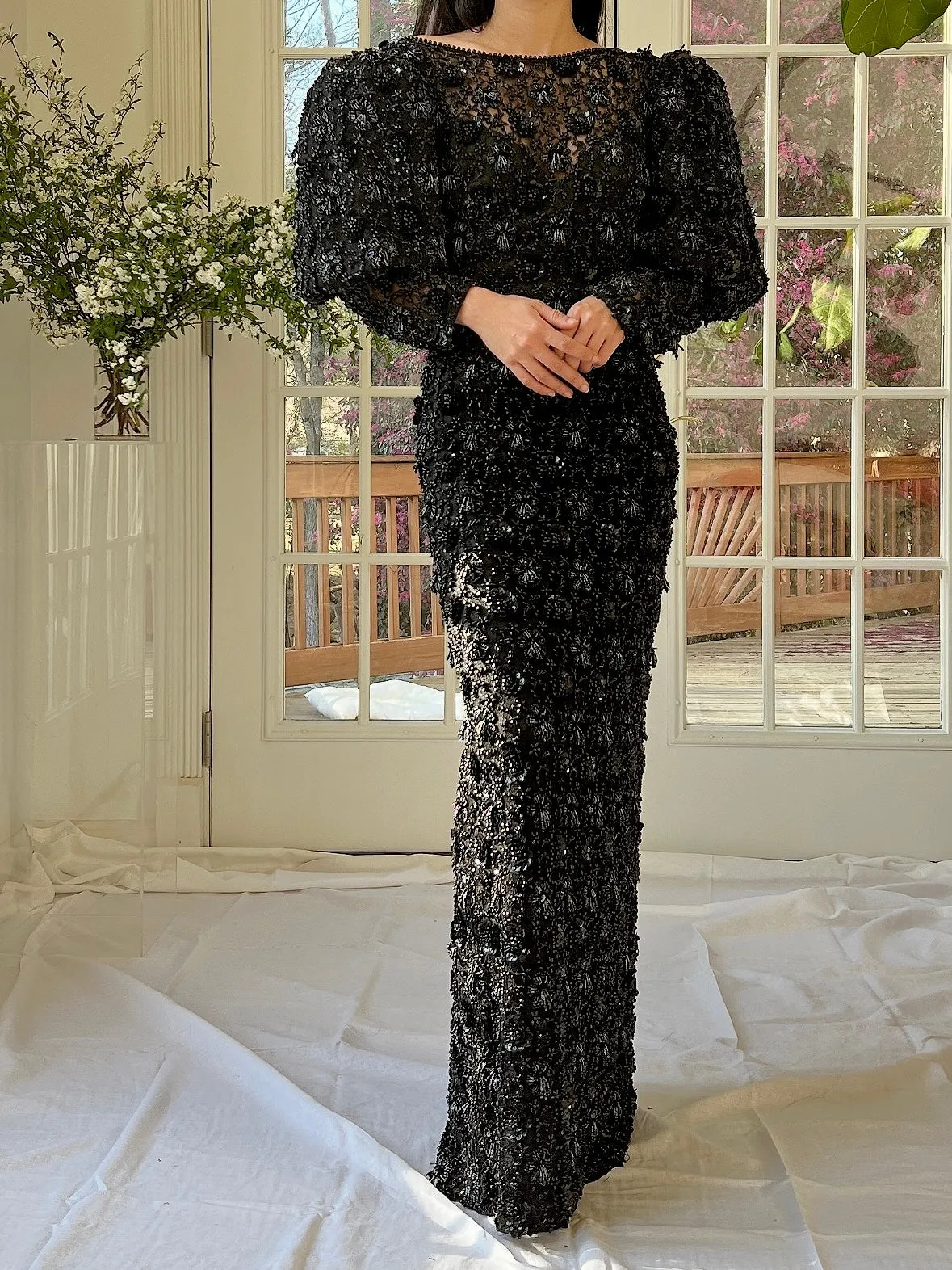 Vintage Puff Sleeves Beaded Gown - S/M