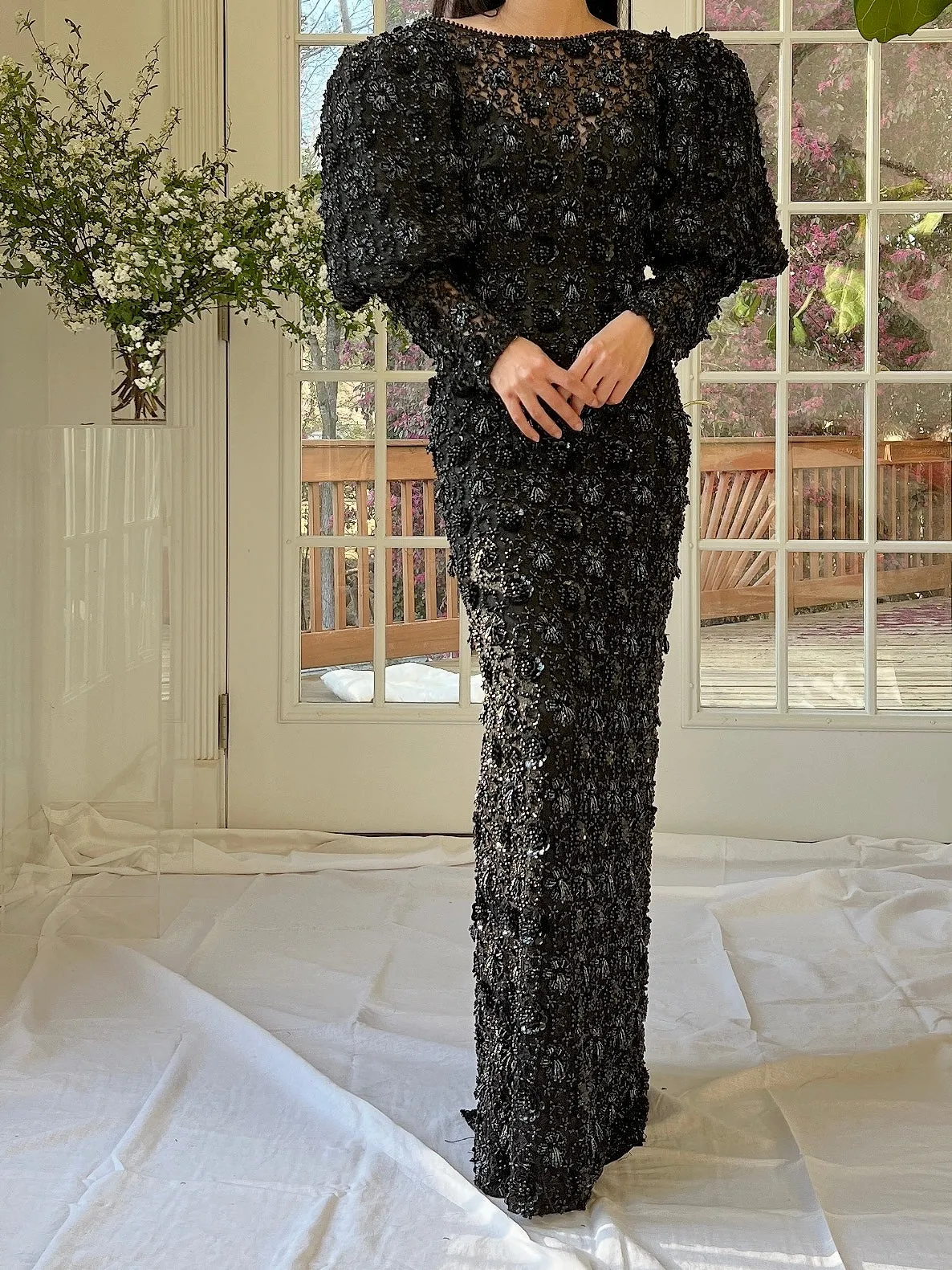 Vintage Puff Sleeves Beaded Gown - S/M