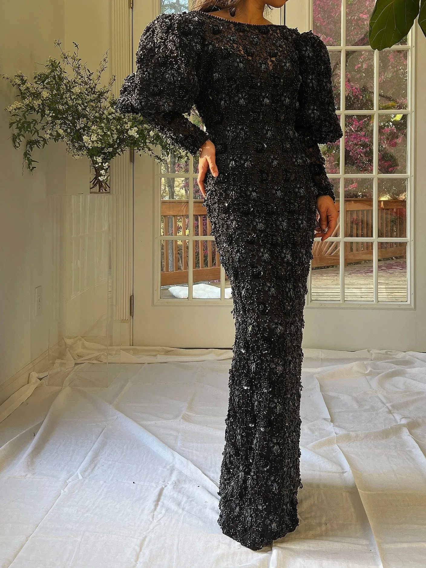 Vintage Puff Sleeves Beaded Gown - S/M