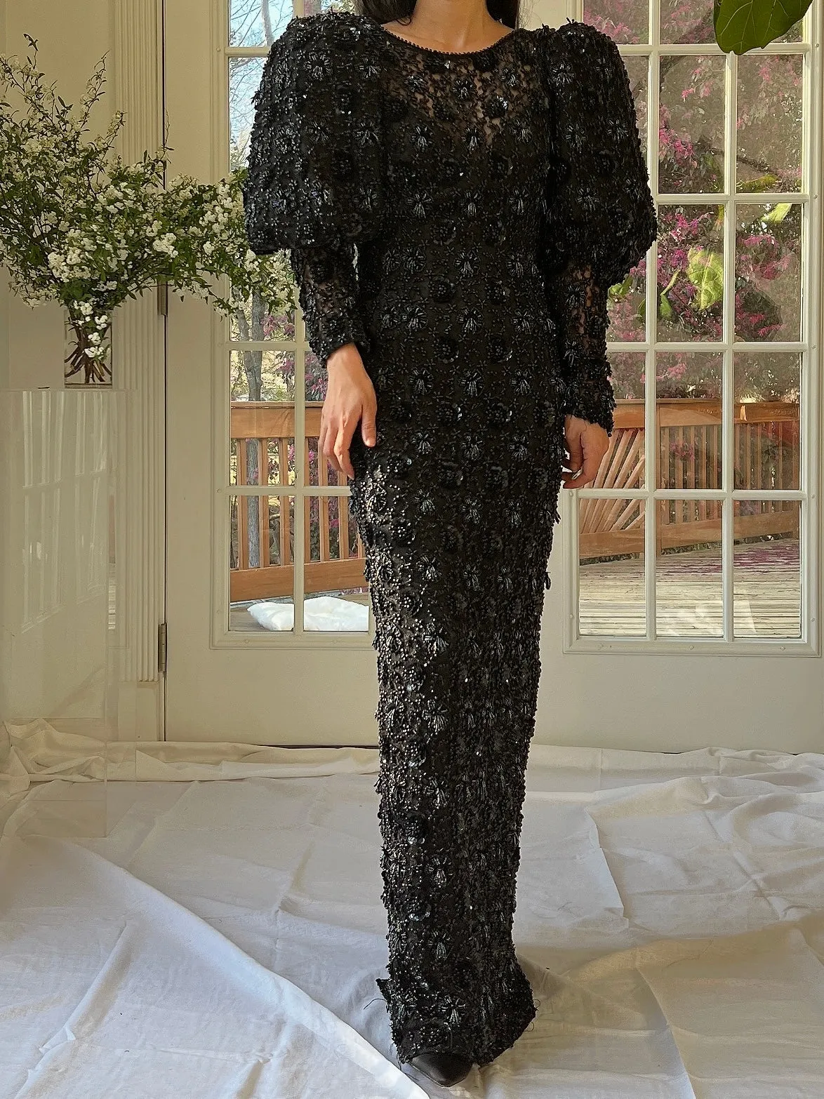Vintage Puff Sleeves Beaded Gown - S/M