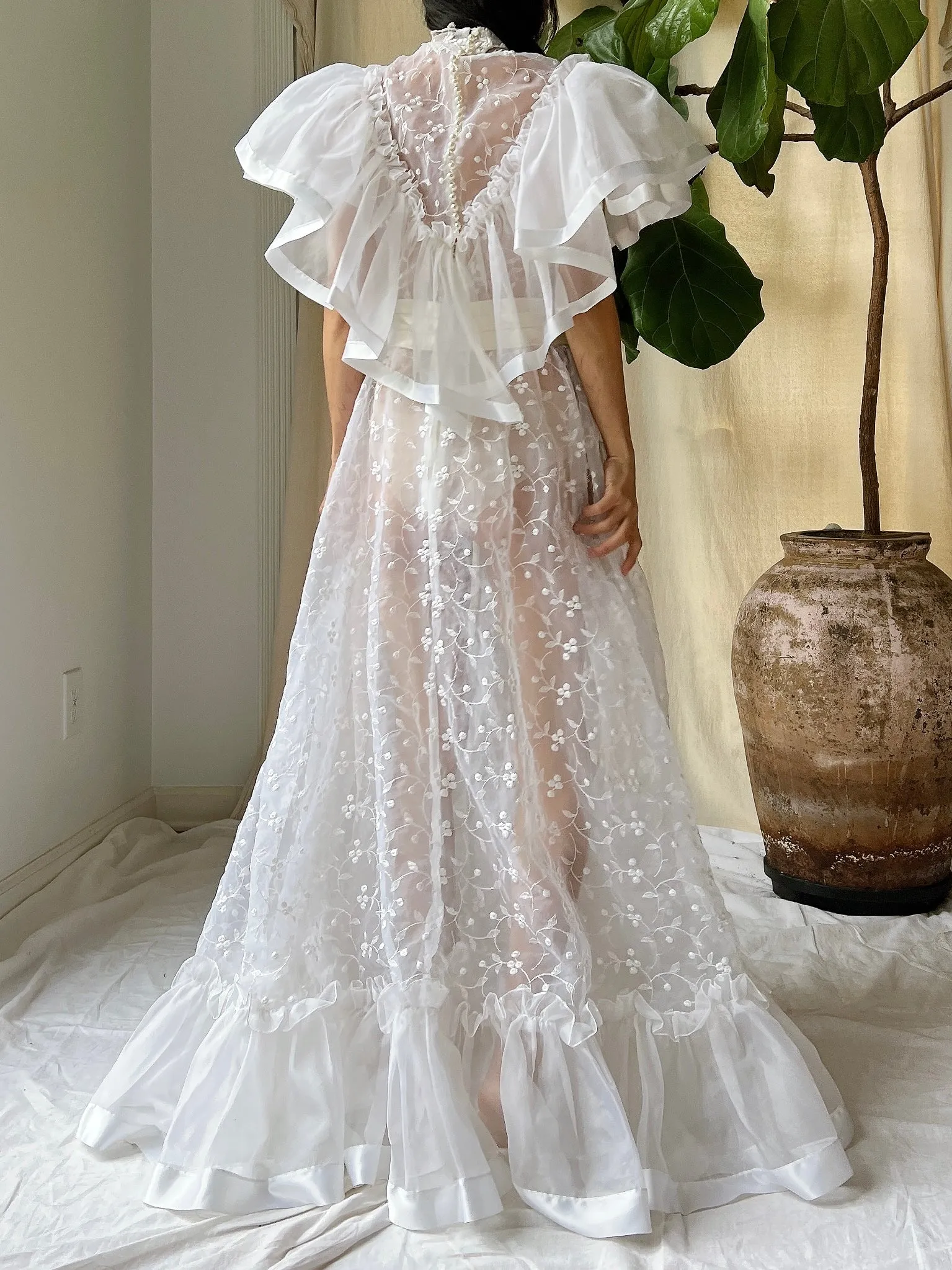 Vintage Ruffle Sheer Embroidered Dress - S