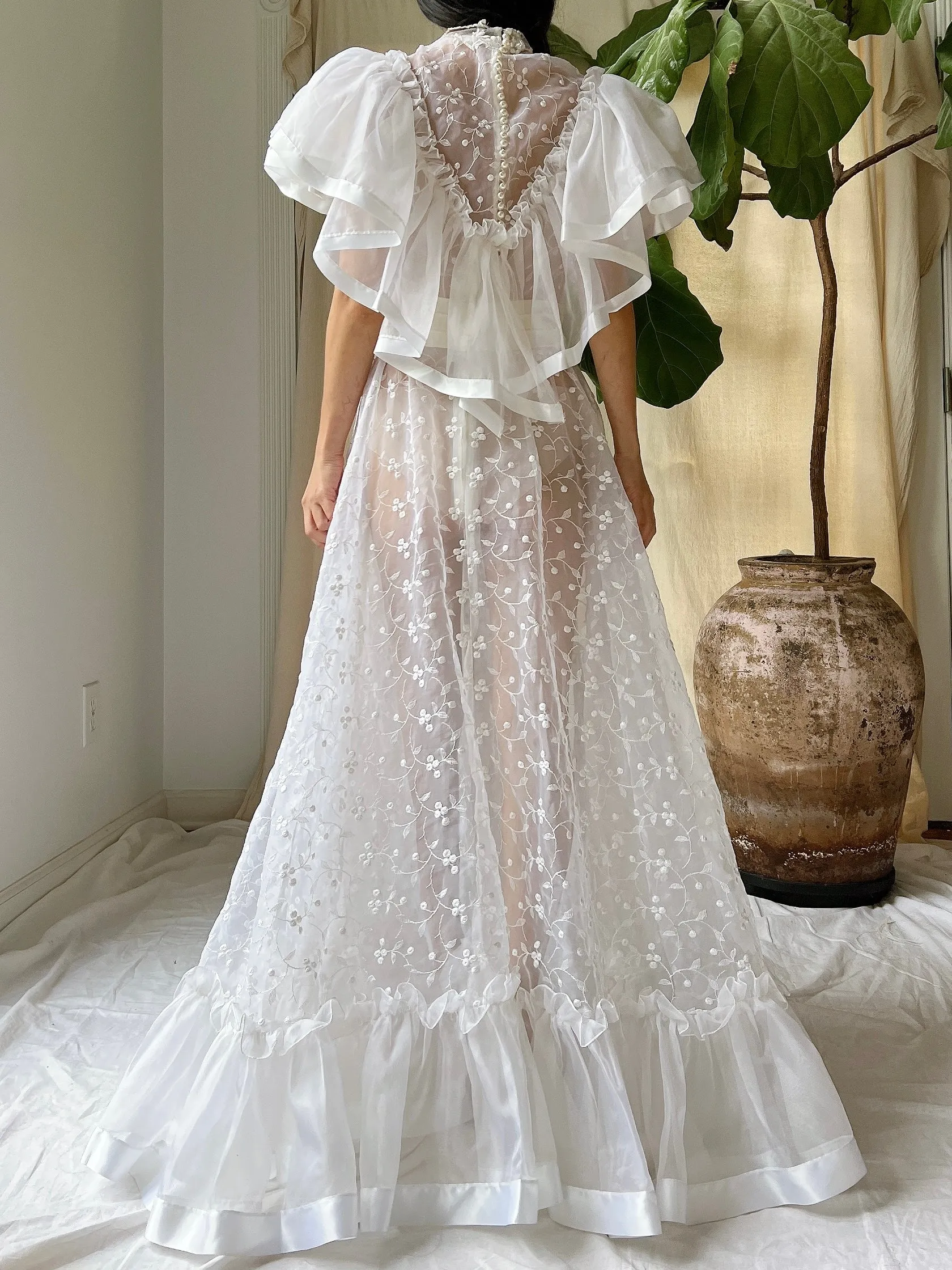 Vintage Ruffle Sheer Embroidered Dress - S