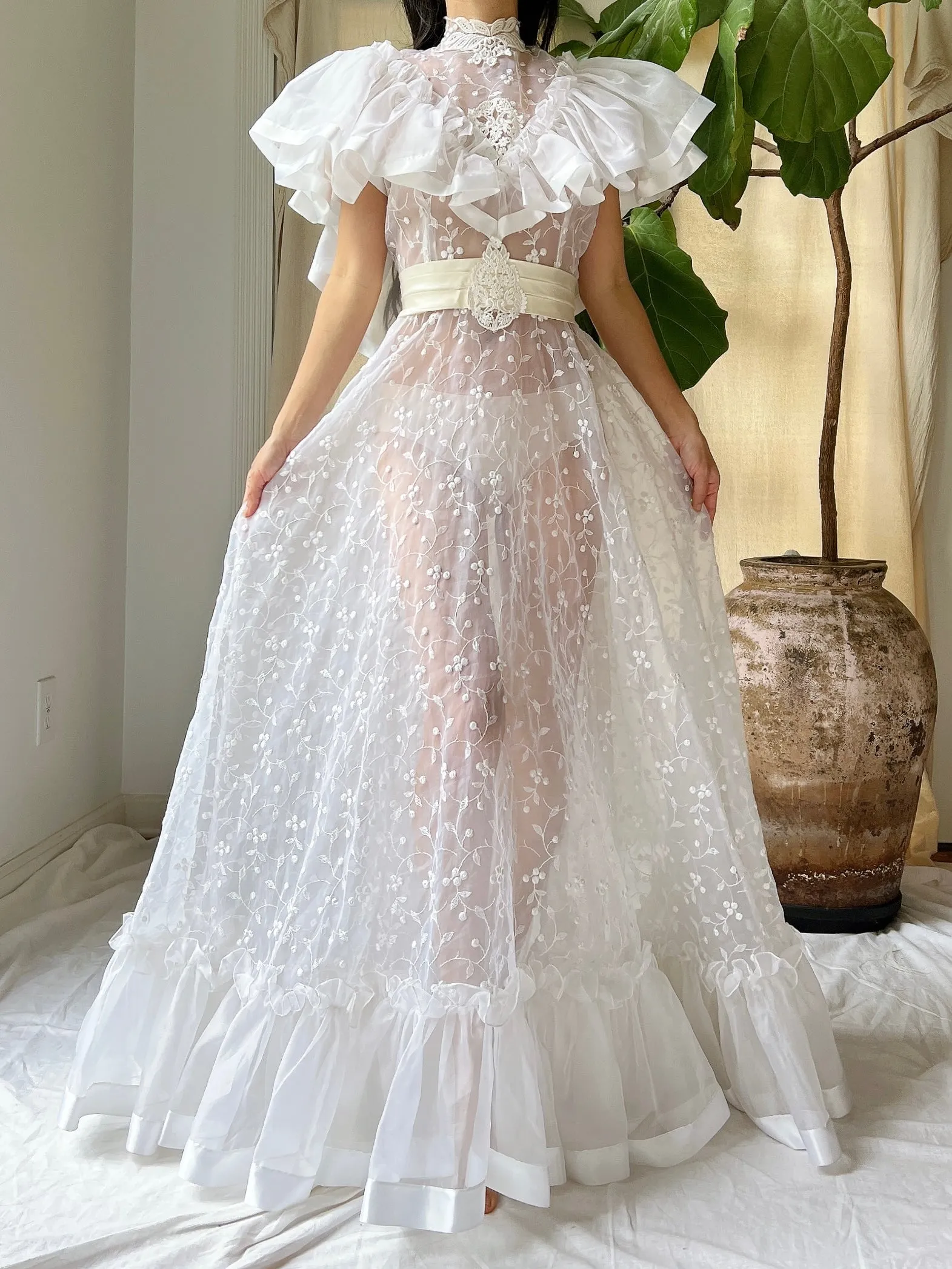 Vintage Ruffle Sheer Embroidered Dress - S