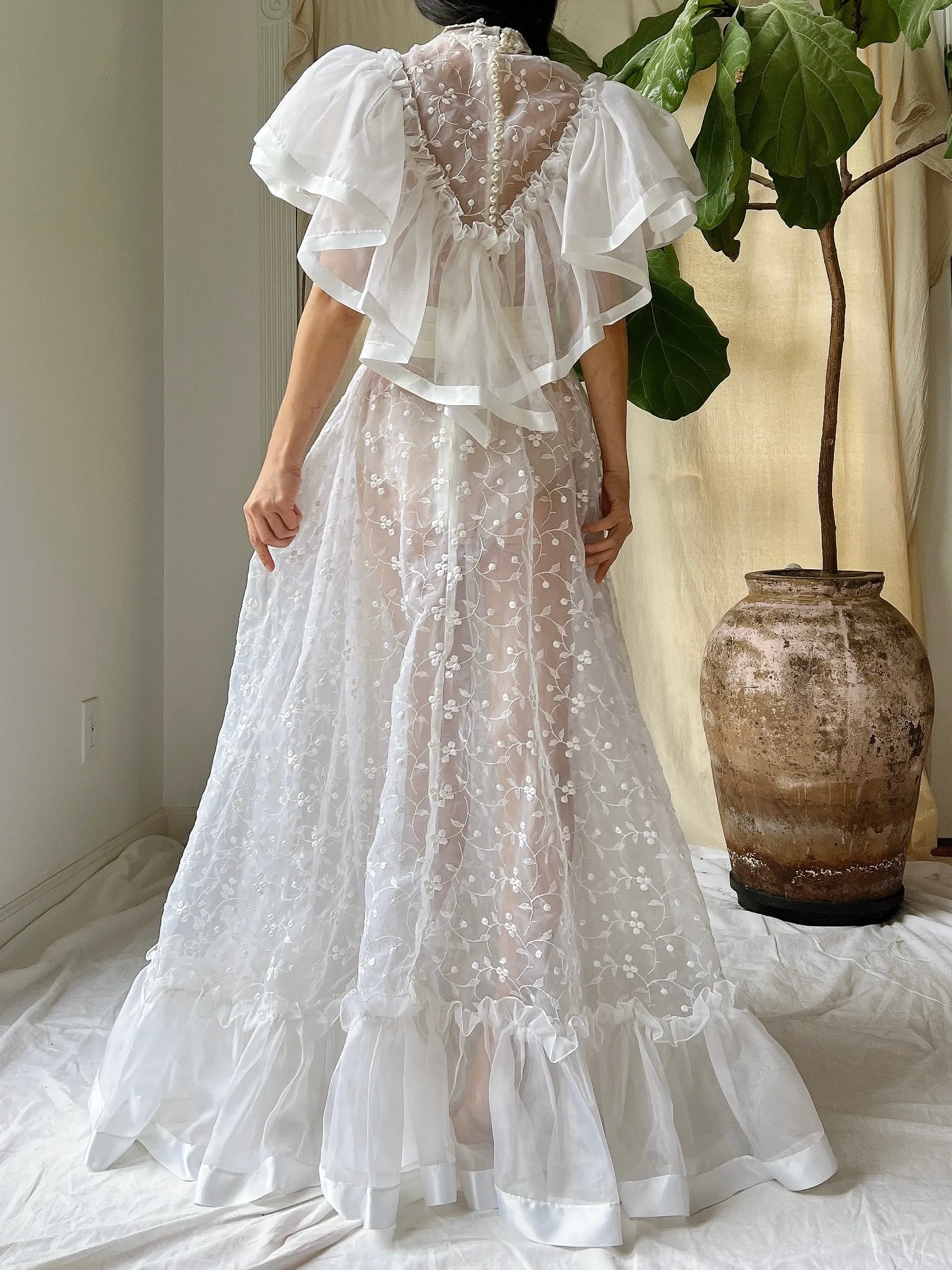 Vintage Ruffle Sheer Embroidered Dress - S