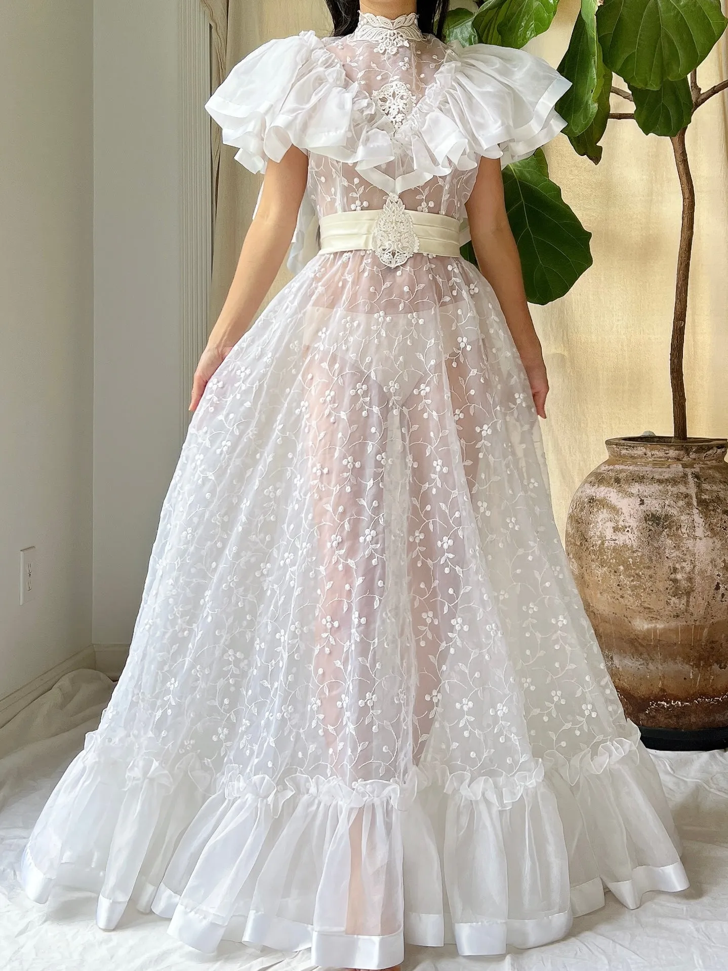 Vintage Ruffle Sheer Embroidered Dress - S