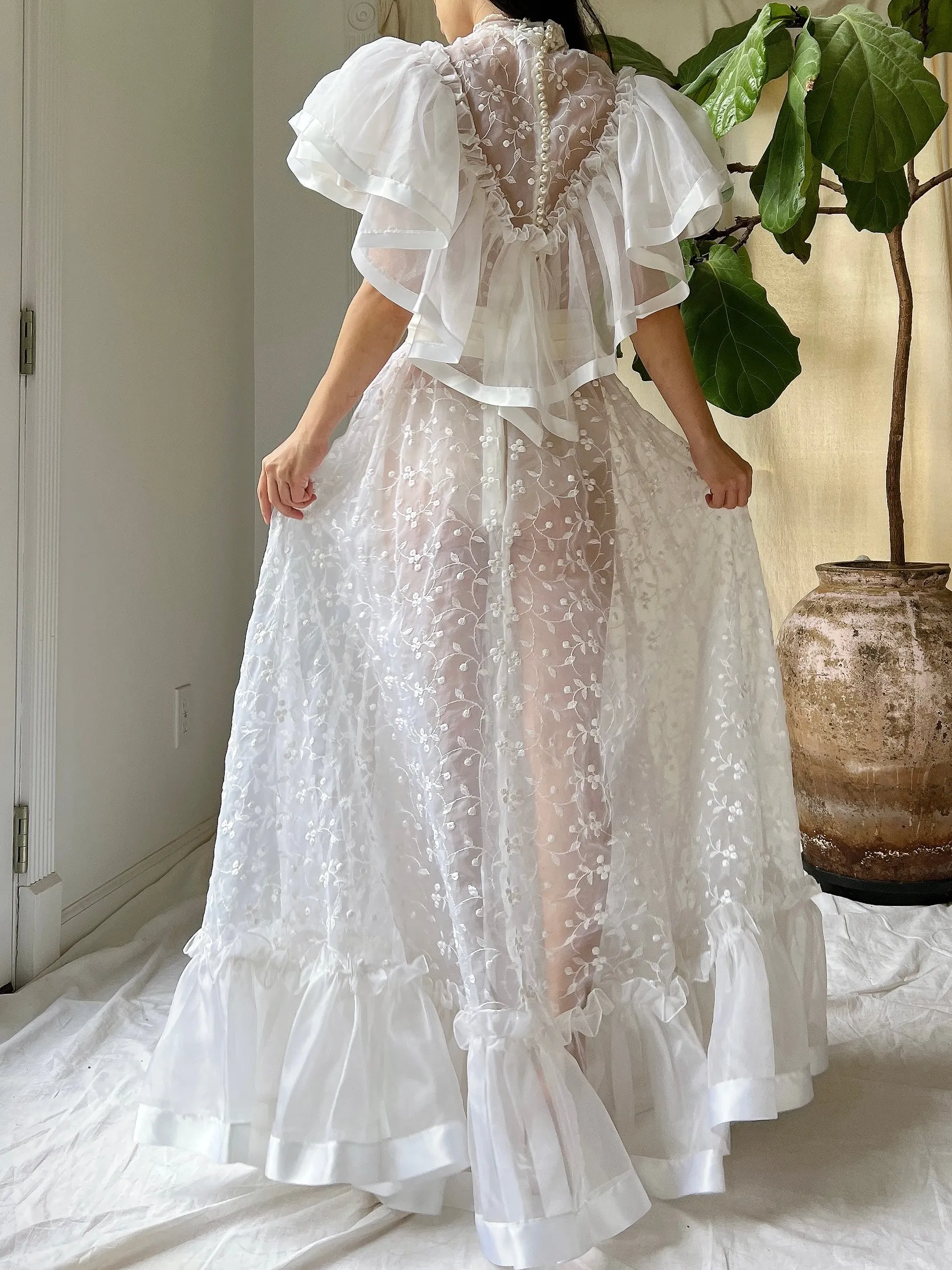 Vintage Ruffle Sheer Embroidered Dress - S