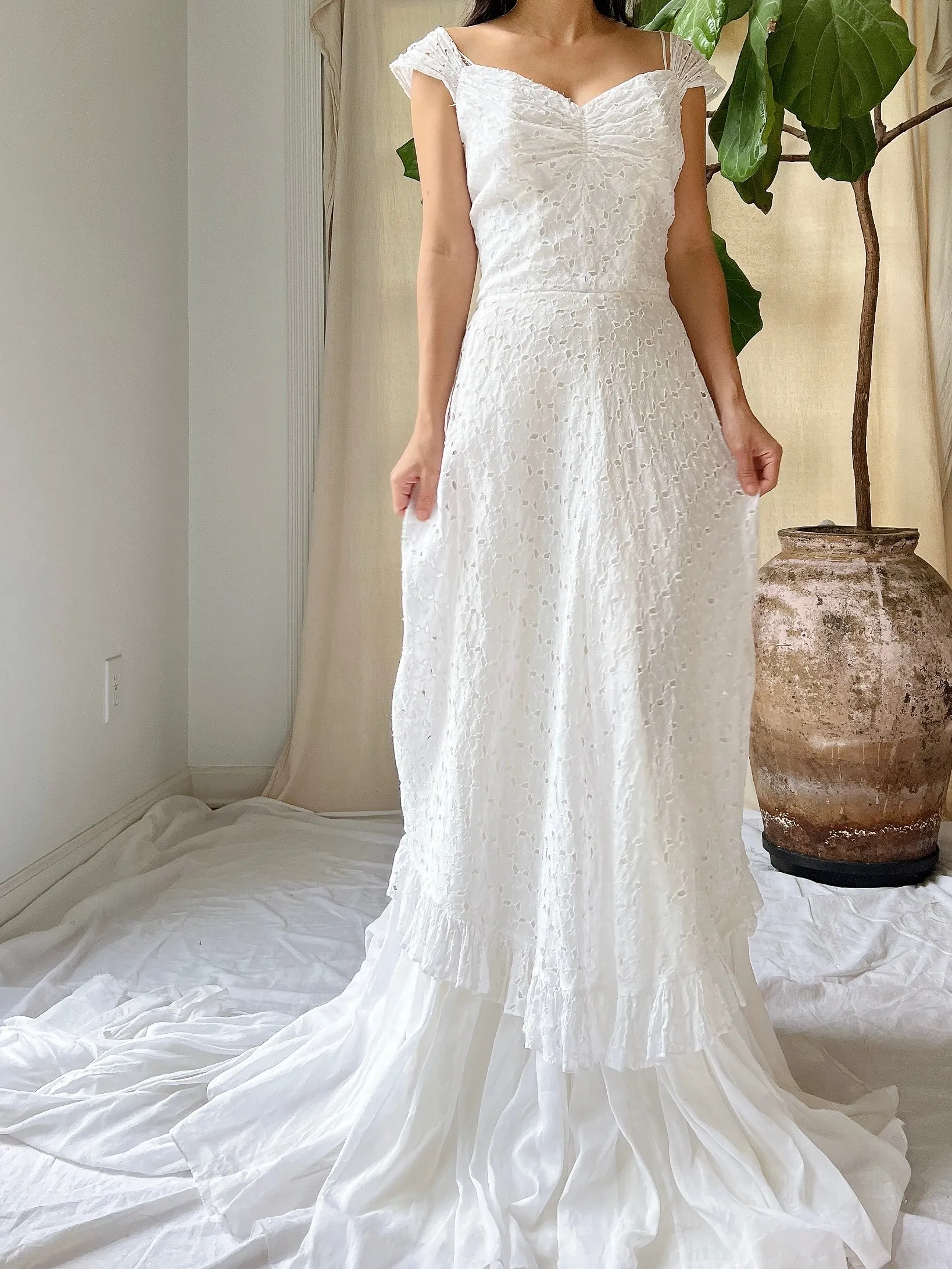 Vintage Ruffle Sheer Embroidered Dress - S