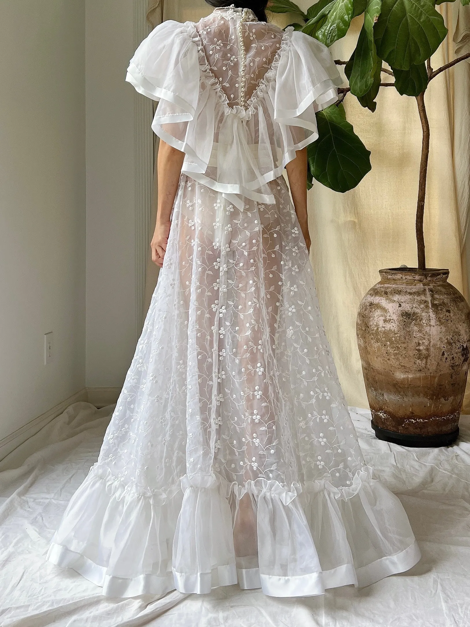 Vintage Ruffle Sheer Embroidered Dress - S
