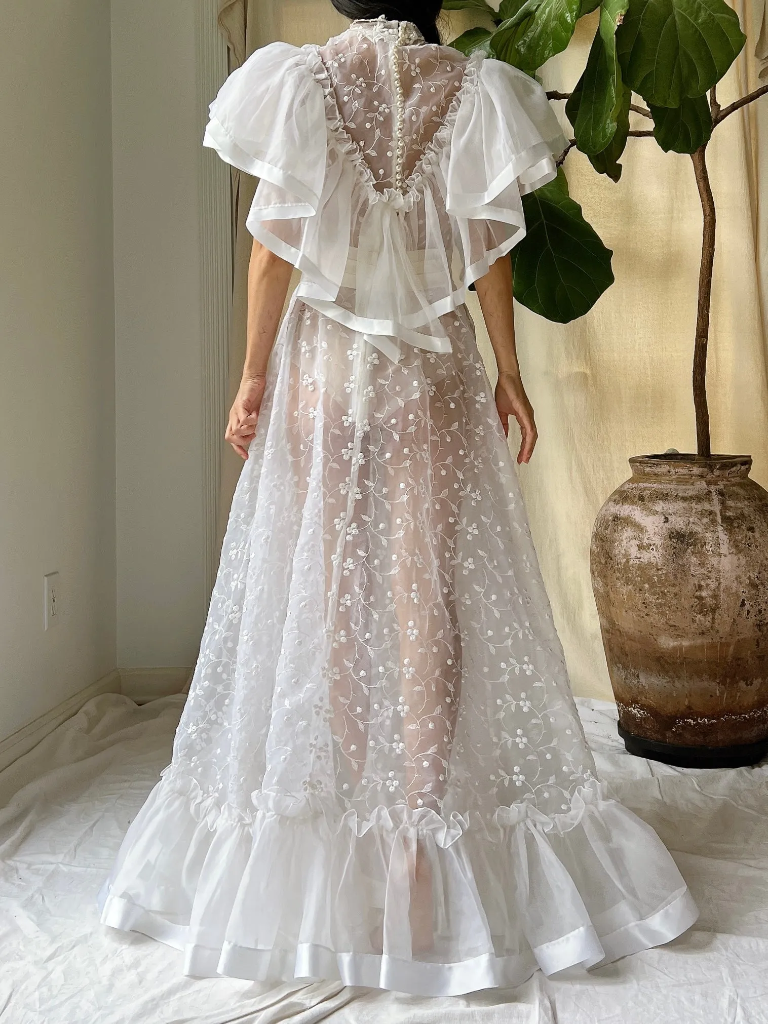 Vintage Ruffle Sheer Embroidered Dress - S