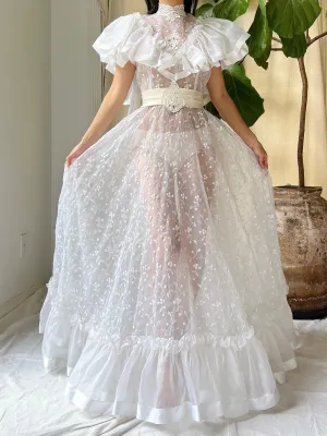 Vintage Ruffle Sheer Embroidered Dress - S