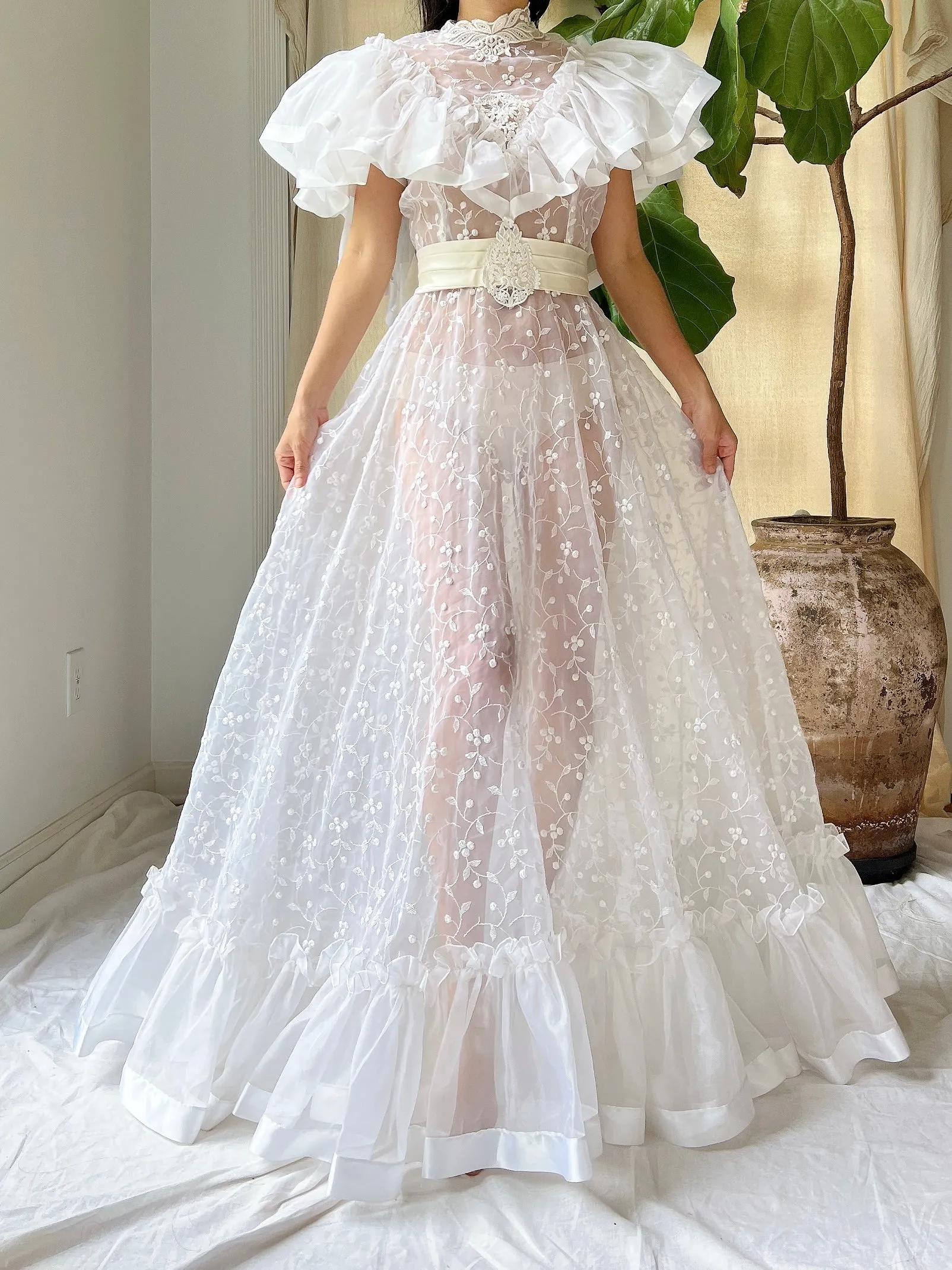 Vintage Ruffle Sheer Embroidered Dress - S