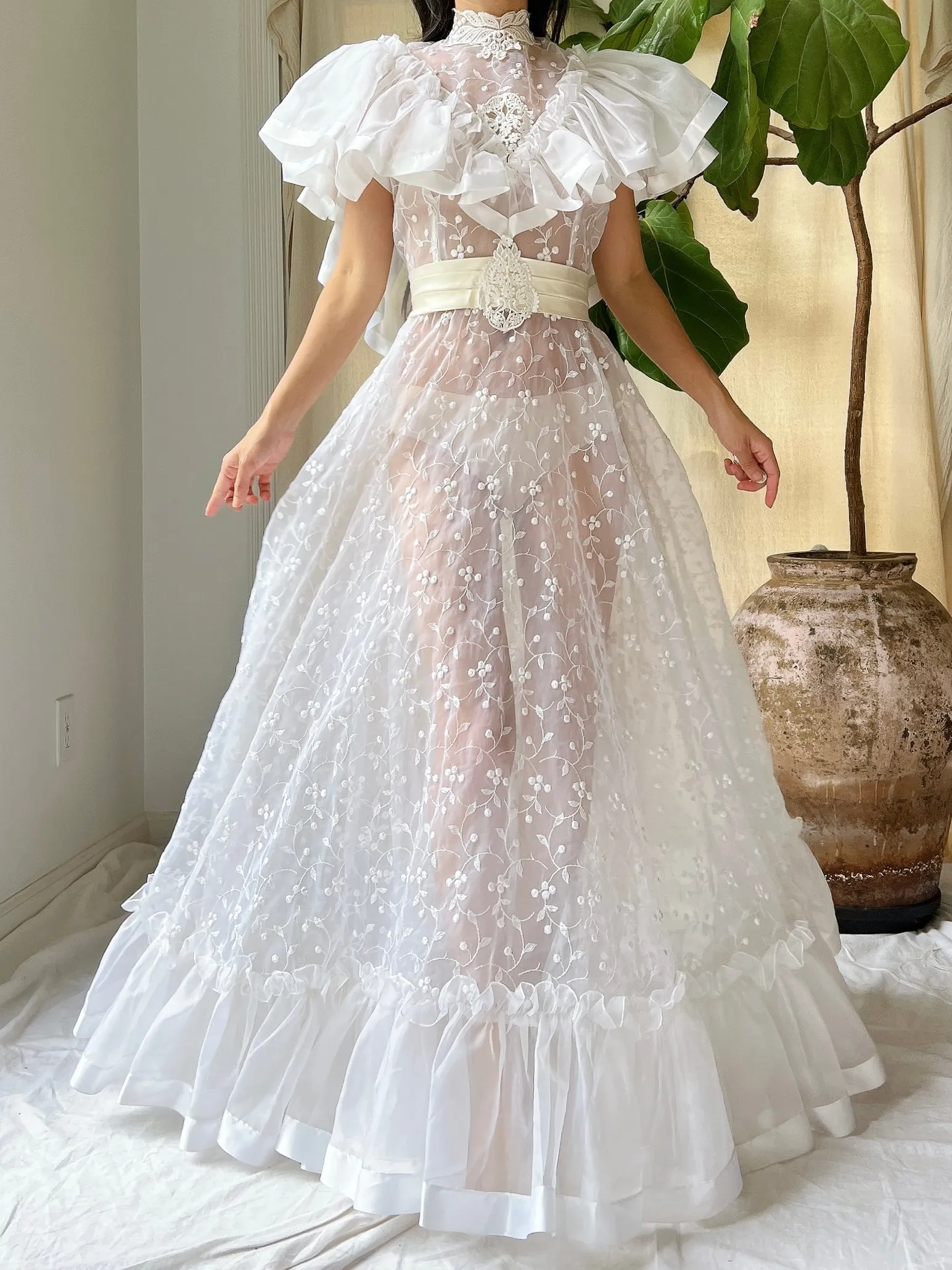 Vintage Ruffle Sheer Embroidered Dress - S