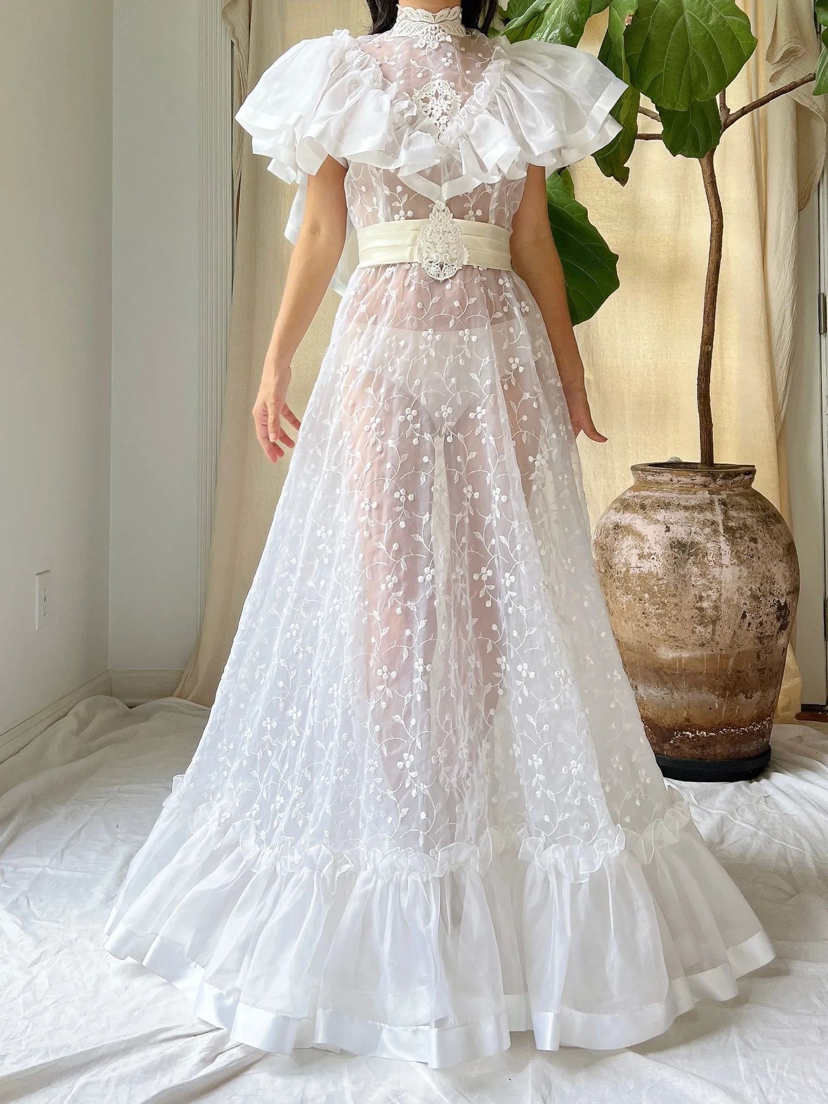 Vintage Ruffle Sheer Embroidered Dress - S