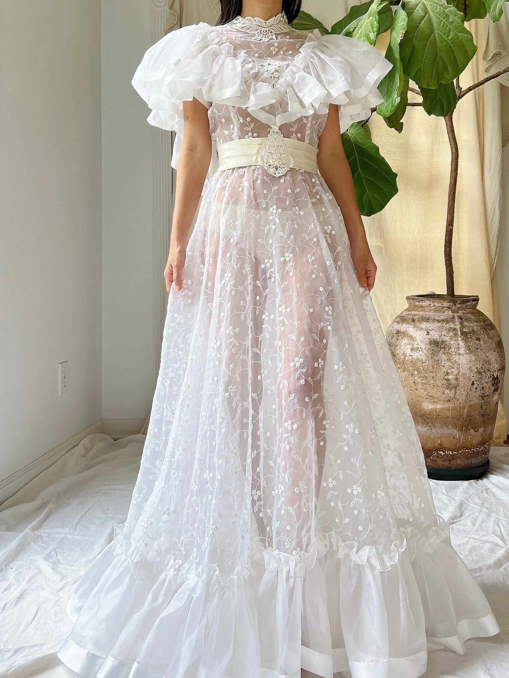 Vintage Ruffle Sheer Embroidered Dress - S