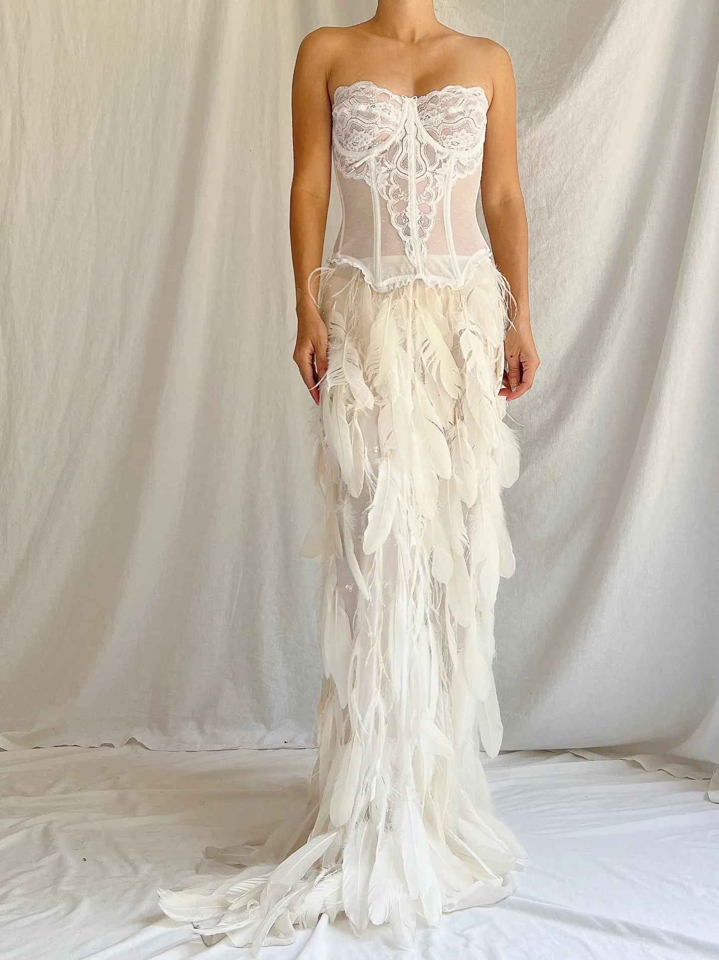 Vintage Sheer Buttercream Feather Chiffon Skirt - XS-M