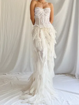 Vintage Sheer Buttercream Feather Chiffon Skirt - XS-M