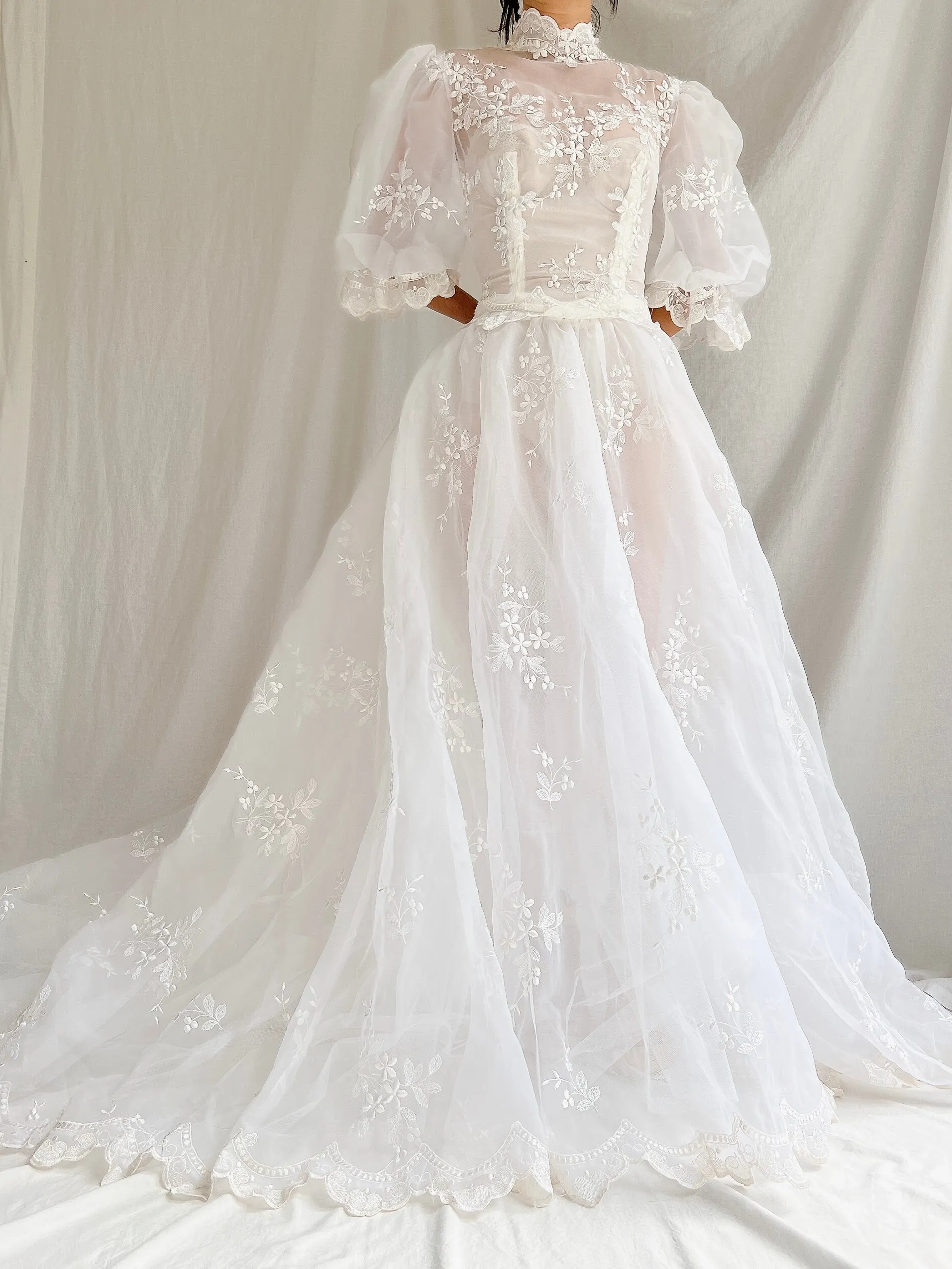 Vintage Sheer Puff Sleeves Gown - S