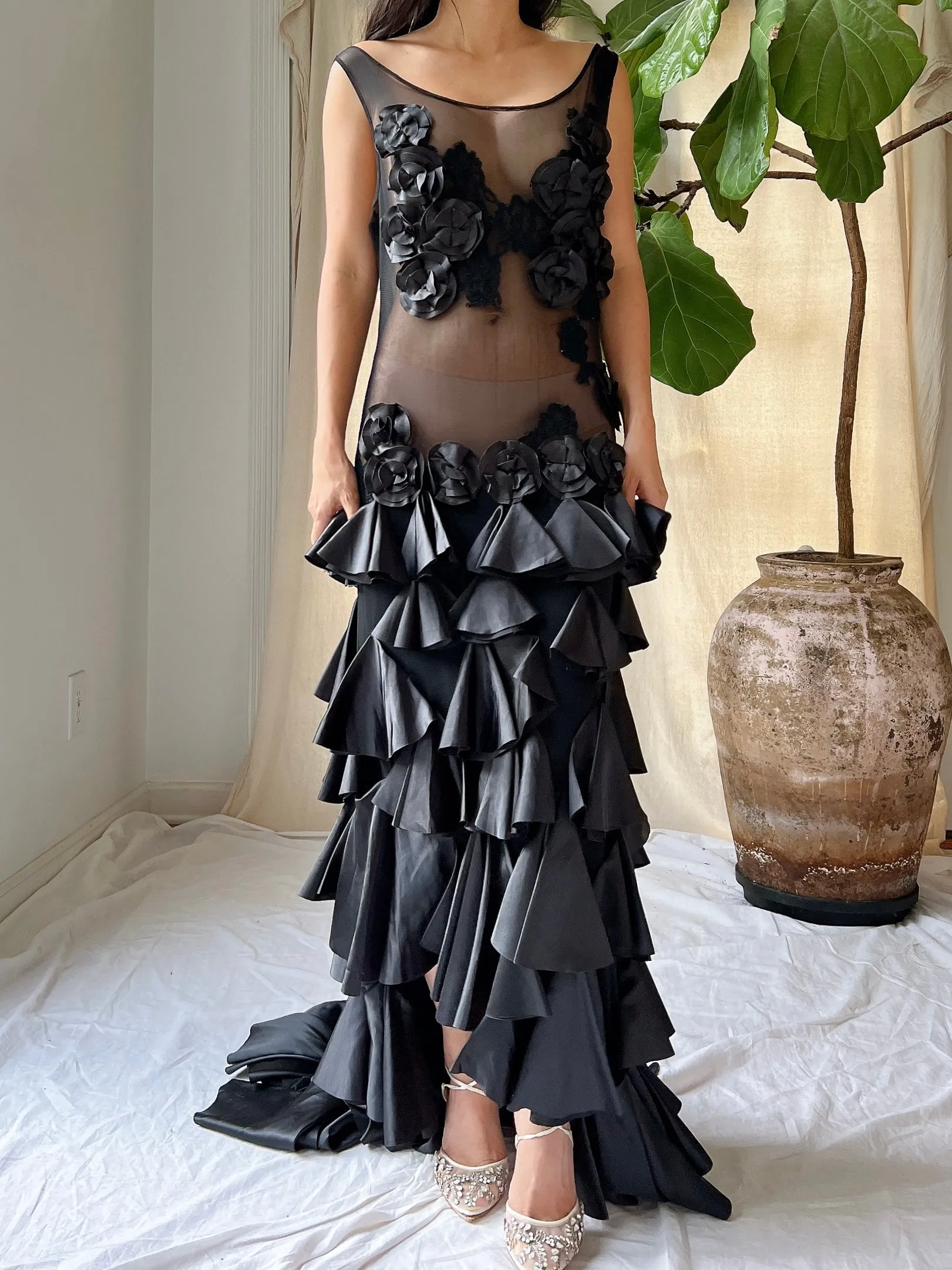 Vintage Sheer Satin Hi-Low Dress - L