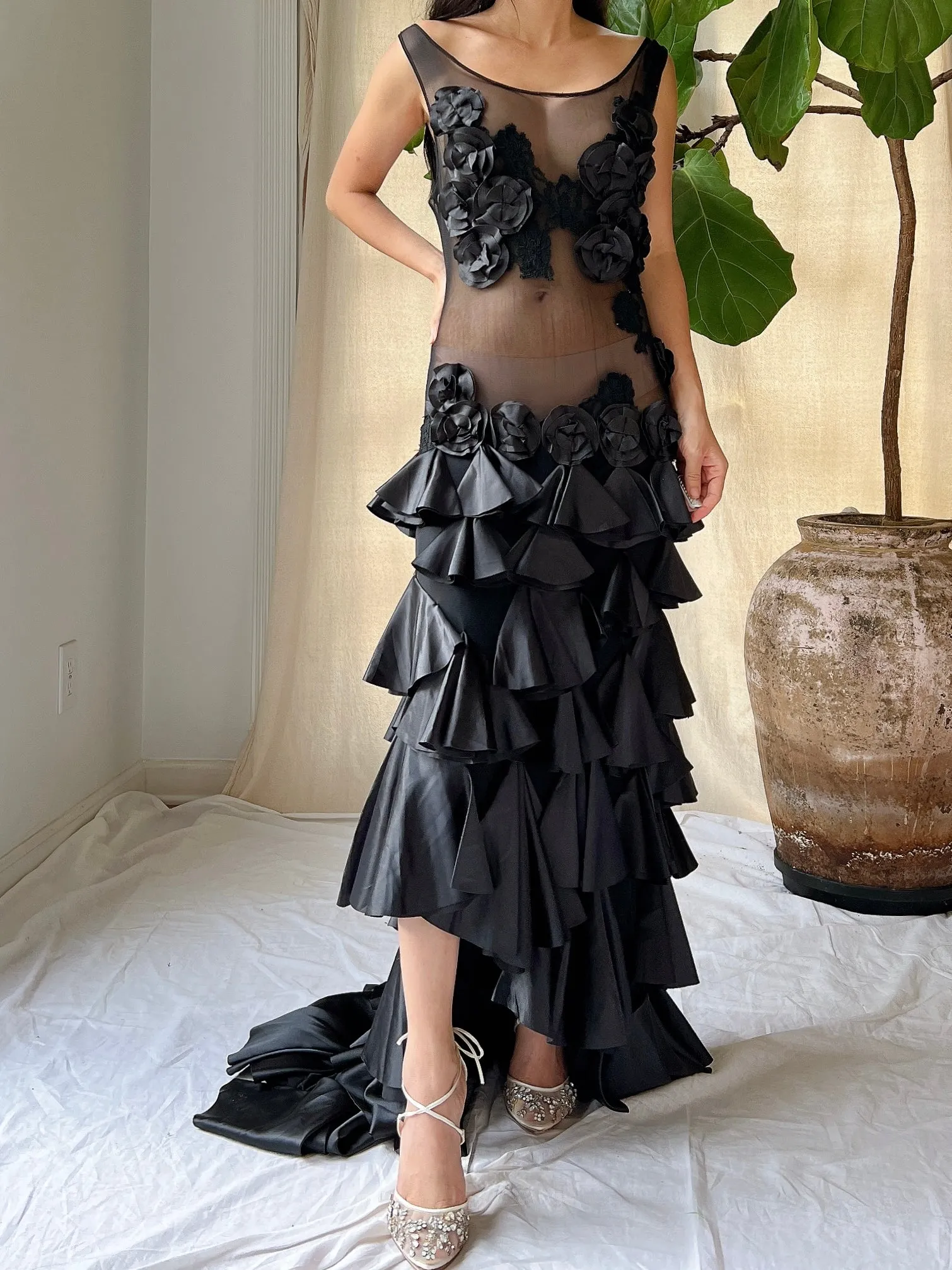 Vintage Sheer Satin Hi-Low Dress - L