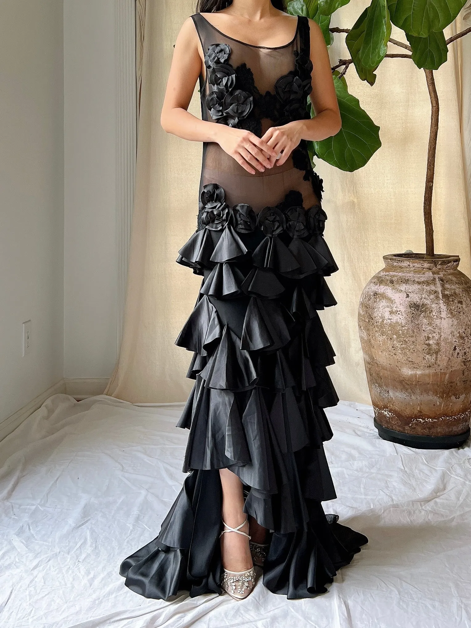 Vintage Sheer Satin Hi-Low Dress - L