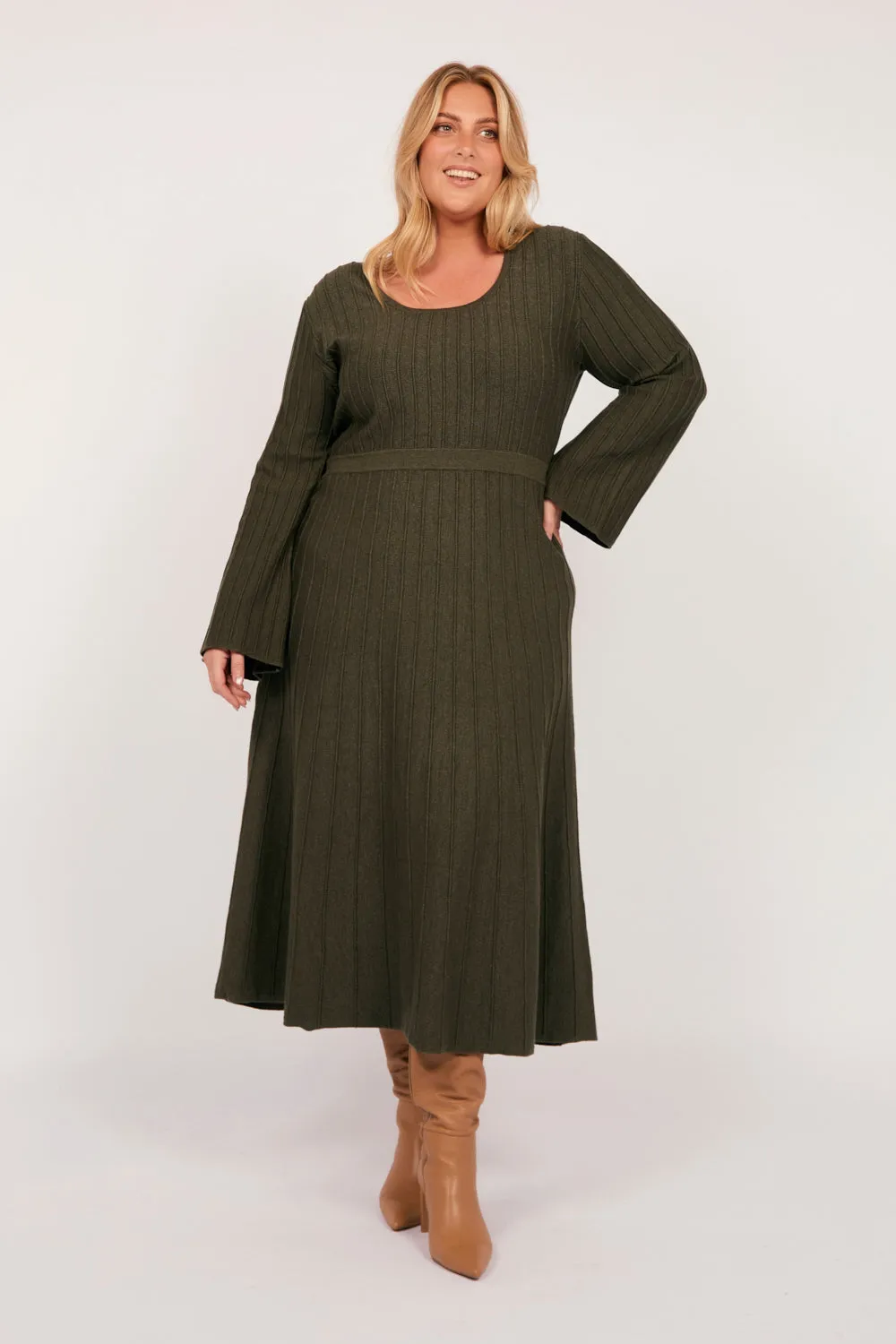 Waisted Knitted Dress in Khaki