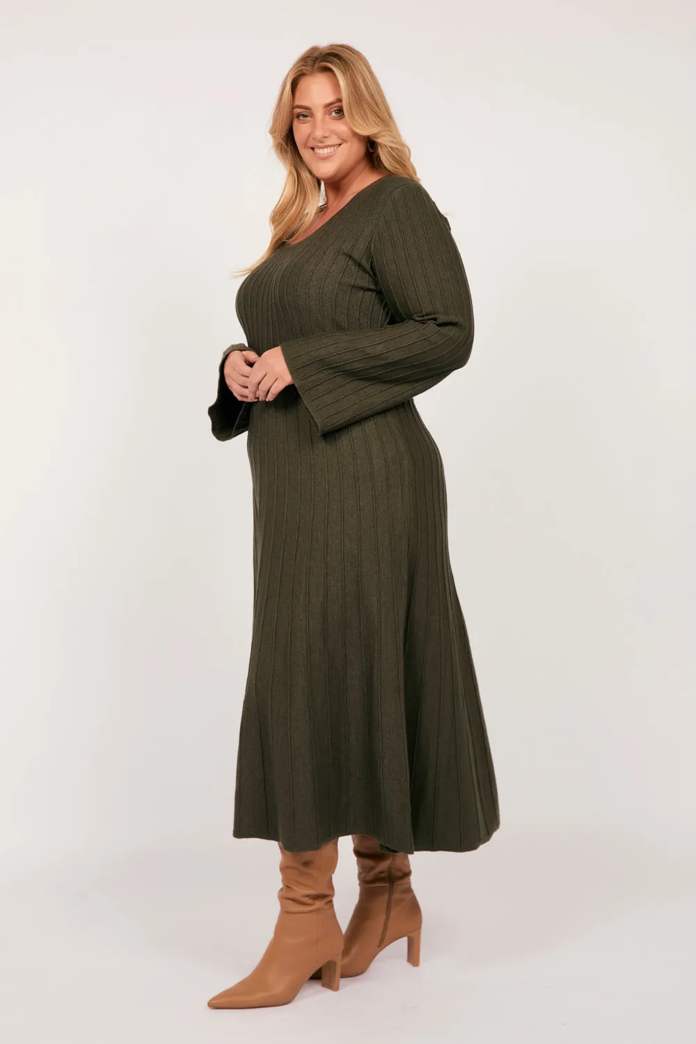 Waisted Knitted Dress in Khaki