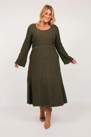 Waisted Knitted Dress in Khaki
