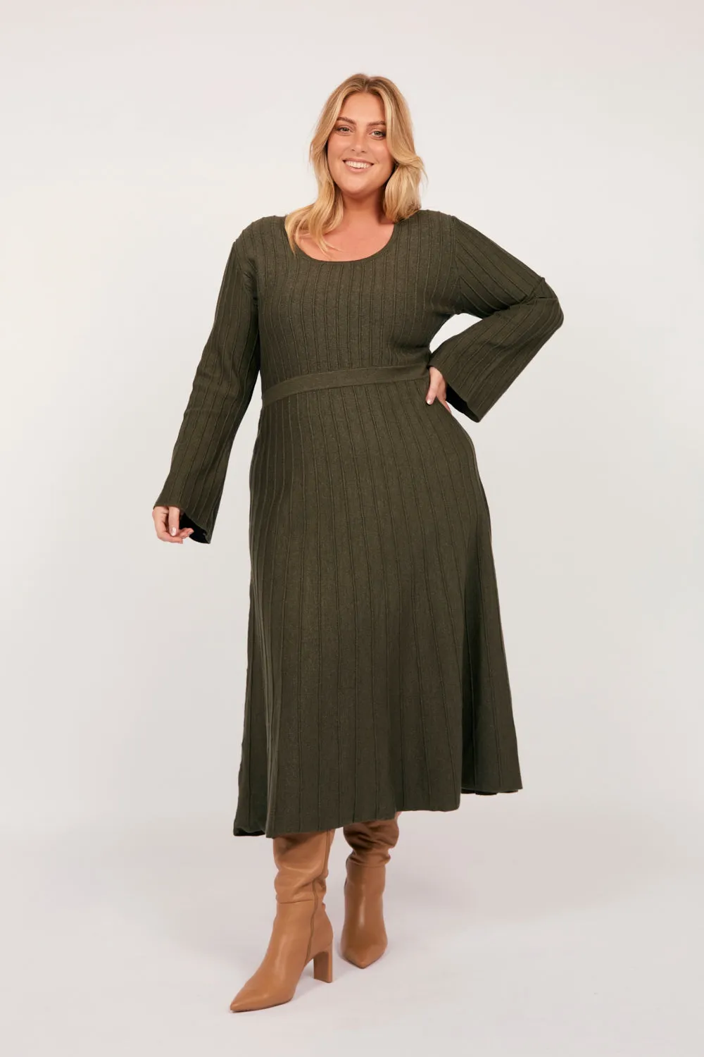 Waisted Knitted Dress in Khaki