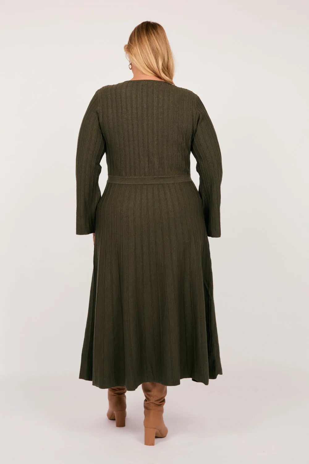 Waisted Knitted Dress in Khaki