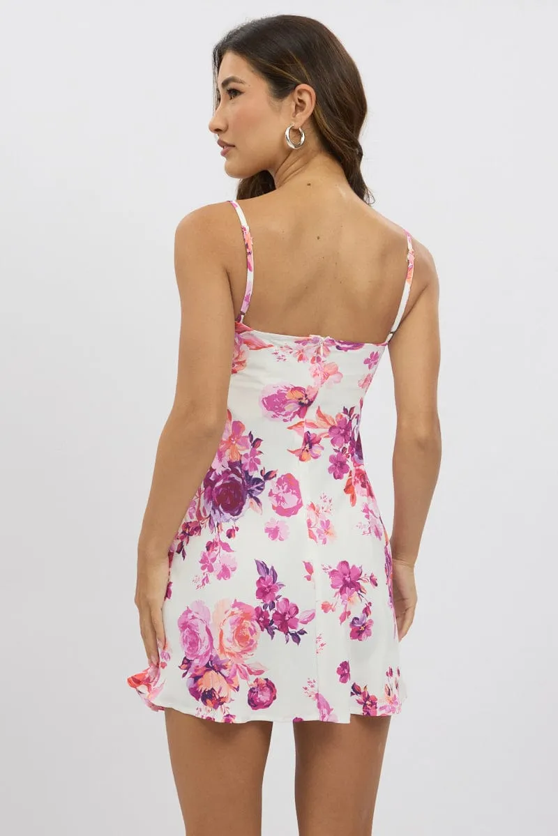 White Floral Mini Dress Strappy Mini Satin