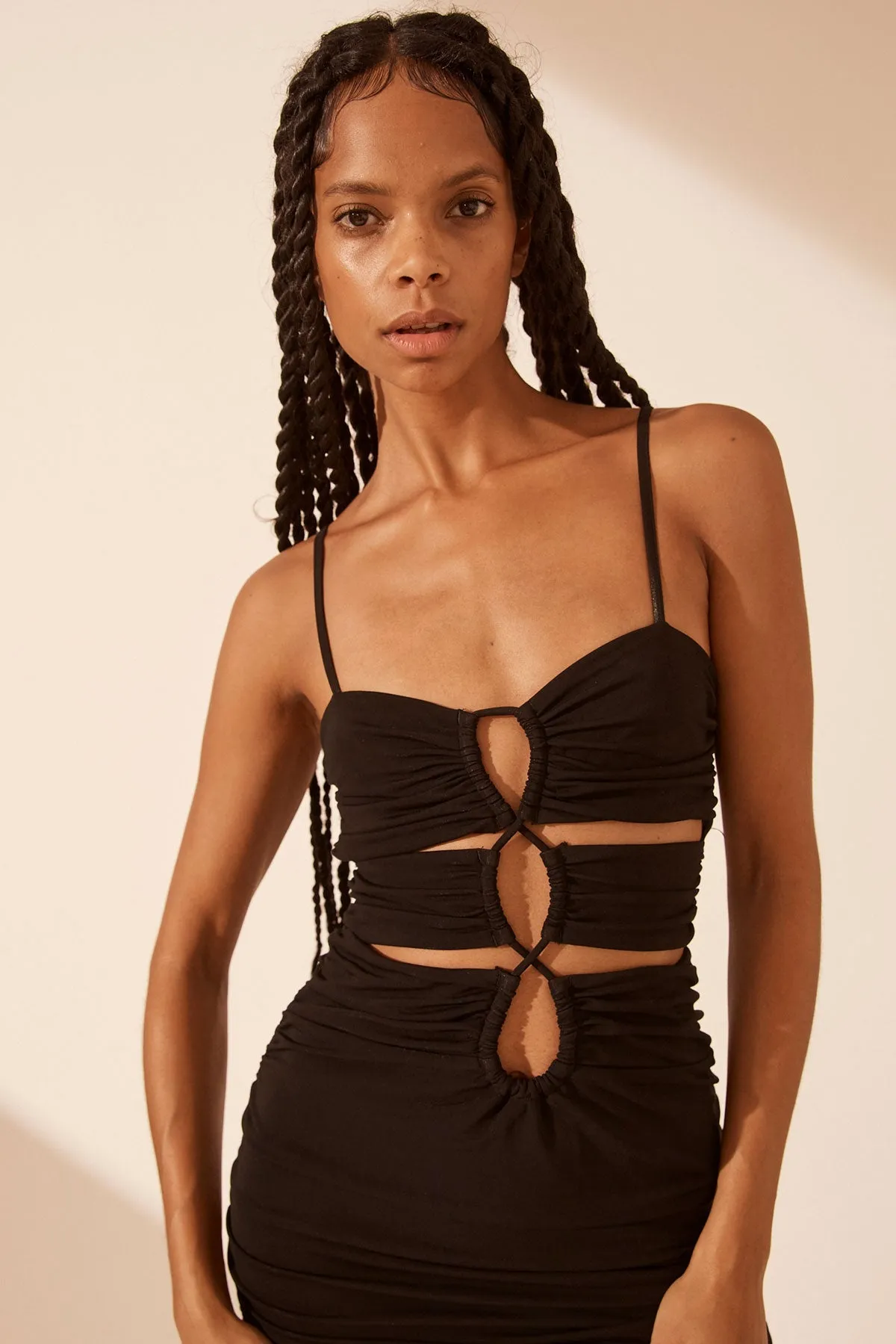 YVETTE LACE UP RUCHED MINI DRESS